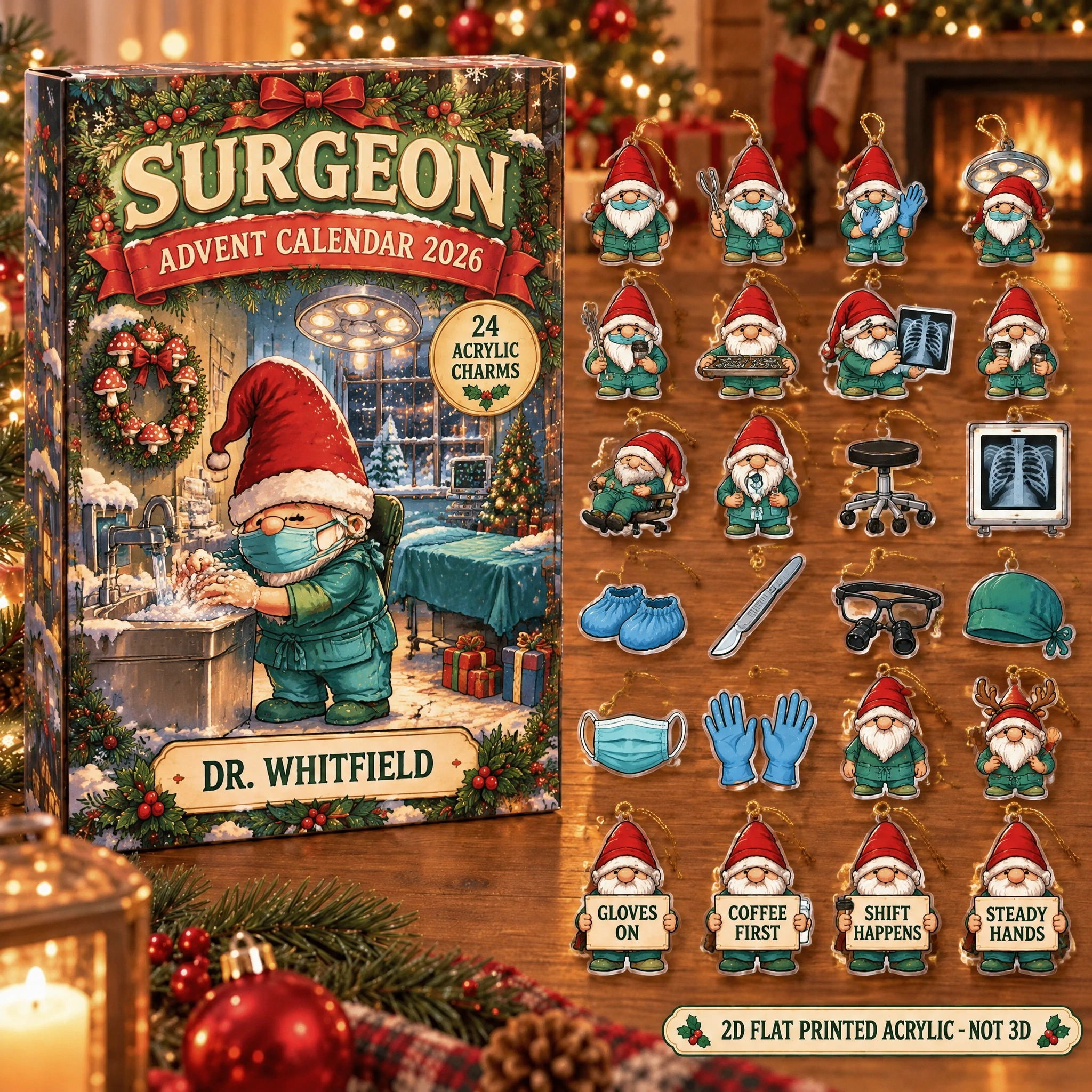 Personalized Surgeon Gnome advent calendar box with 24 flat acrylic Christmas charms