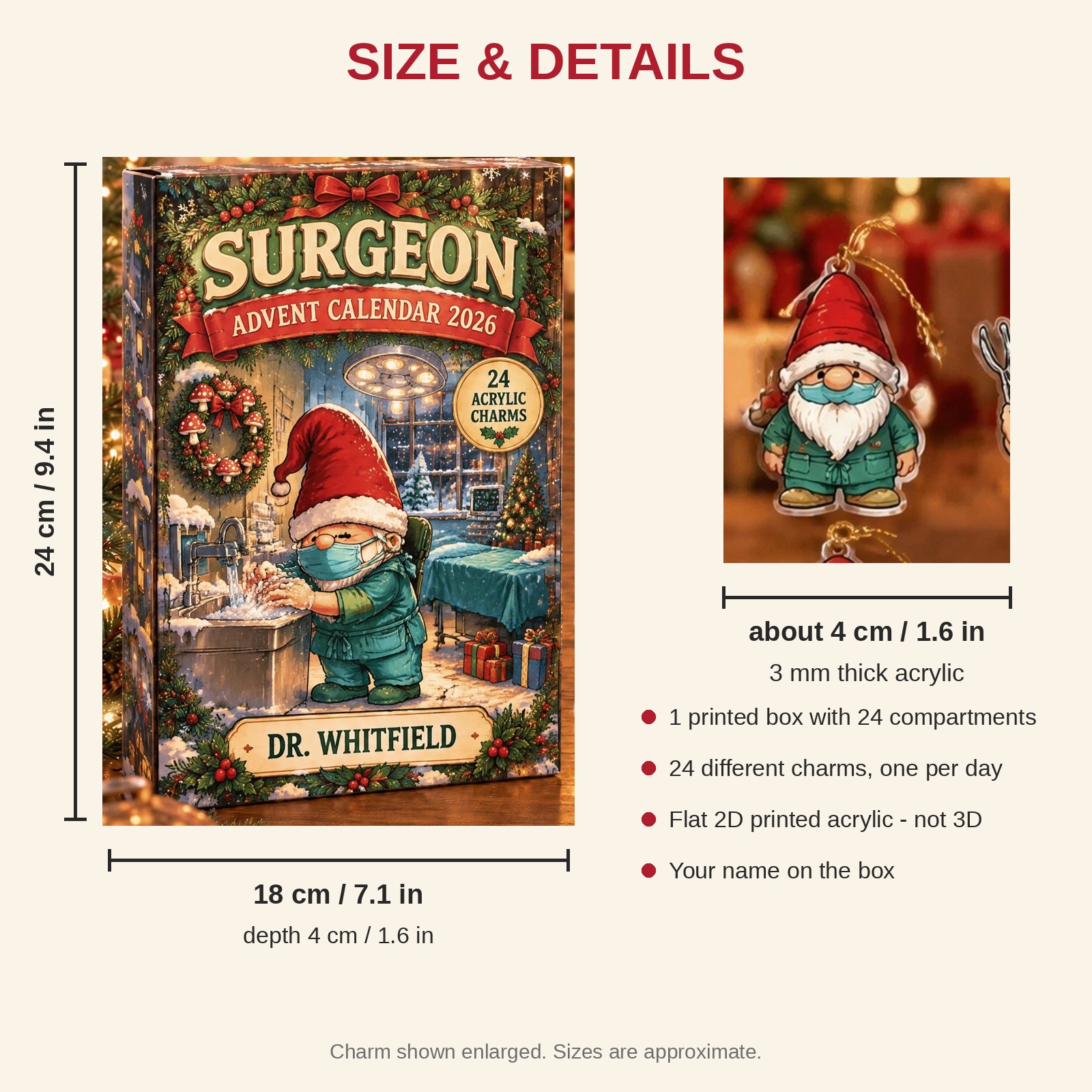 Personalized Surgeon Gnome advent calendar box with 24 flat acrylic Christmas charms: box and charm sizes
