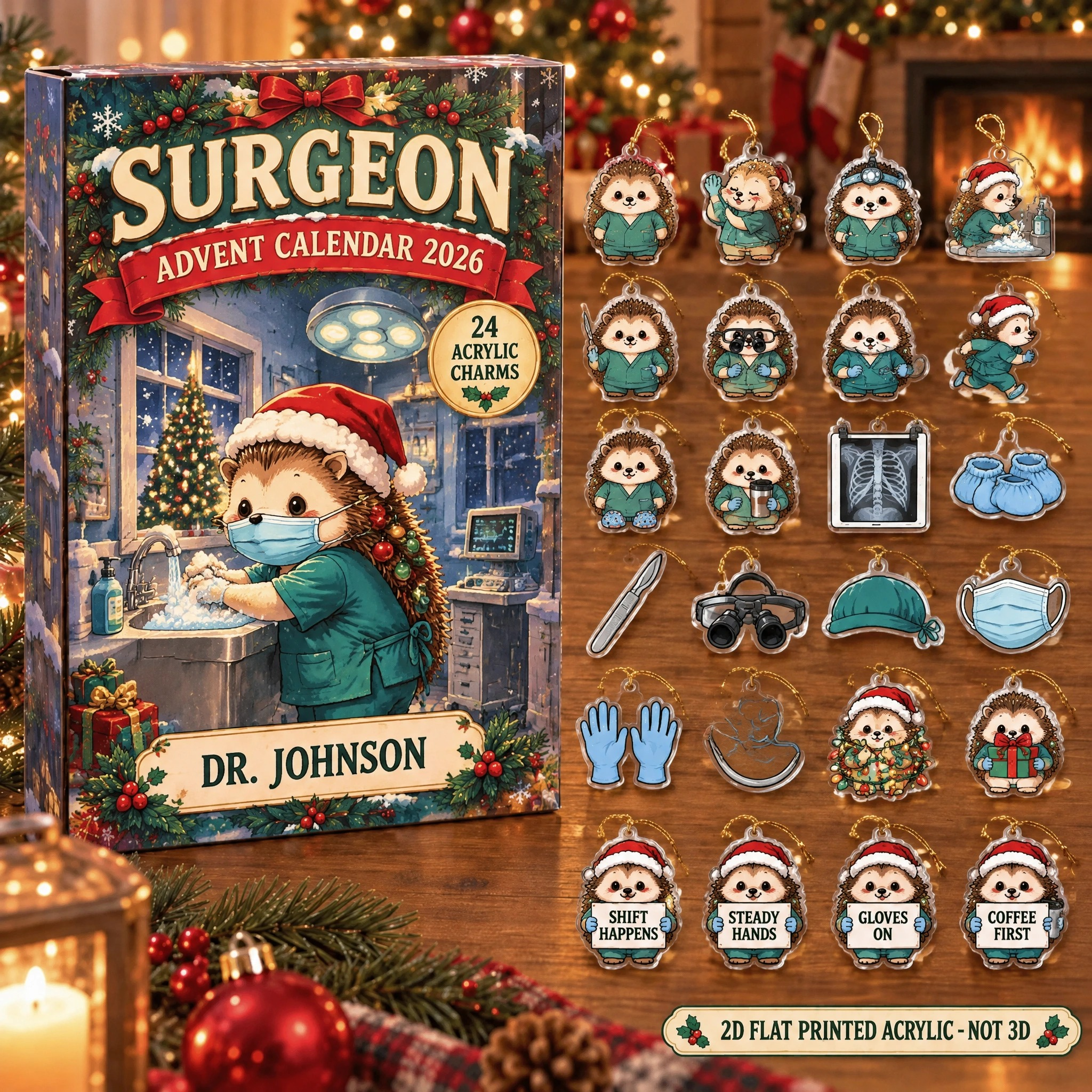 Personalized Surgeon Hedgehog advent calendar box with 24 flat acrylic Christmas charms