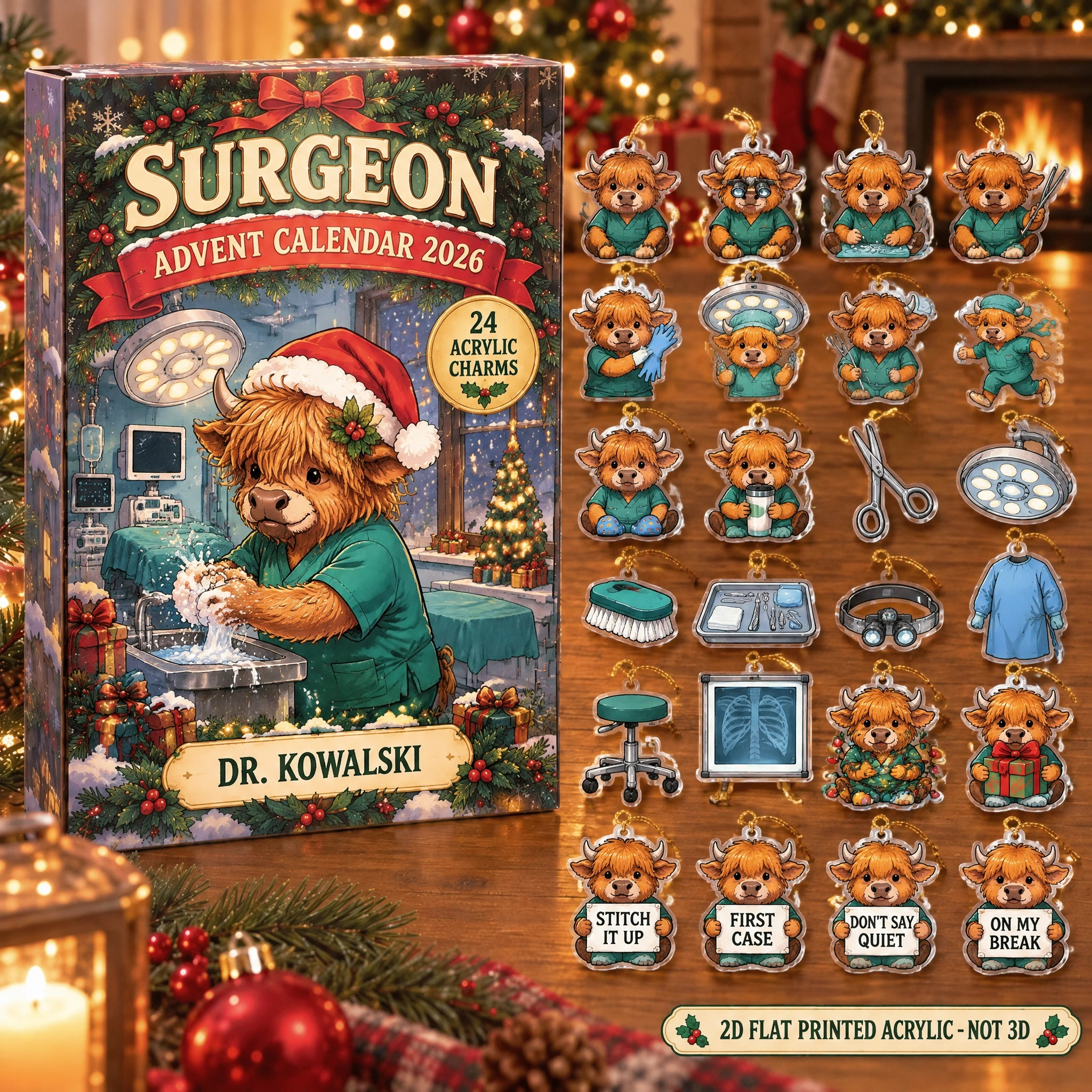 Personalized Surgeon Highland Cow advent calendar box with 24 flat acrylic Christmas charms