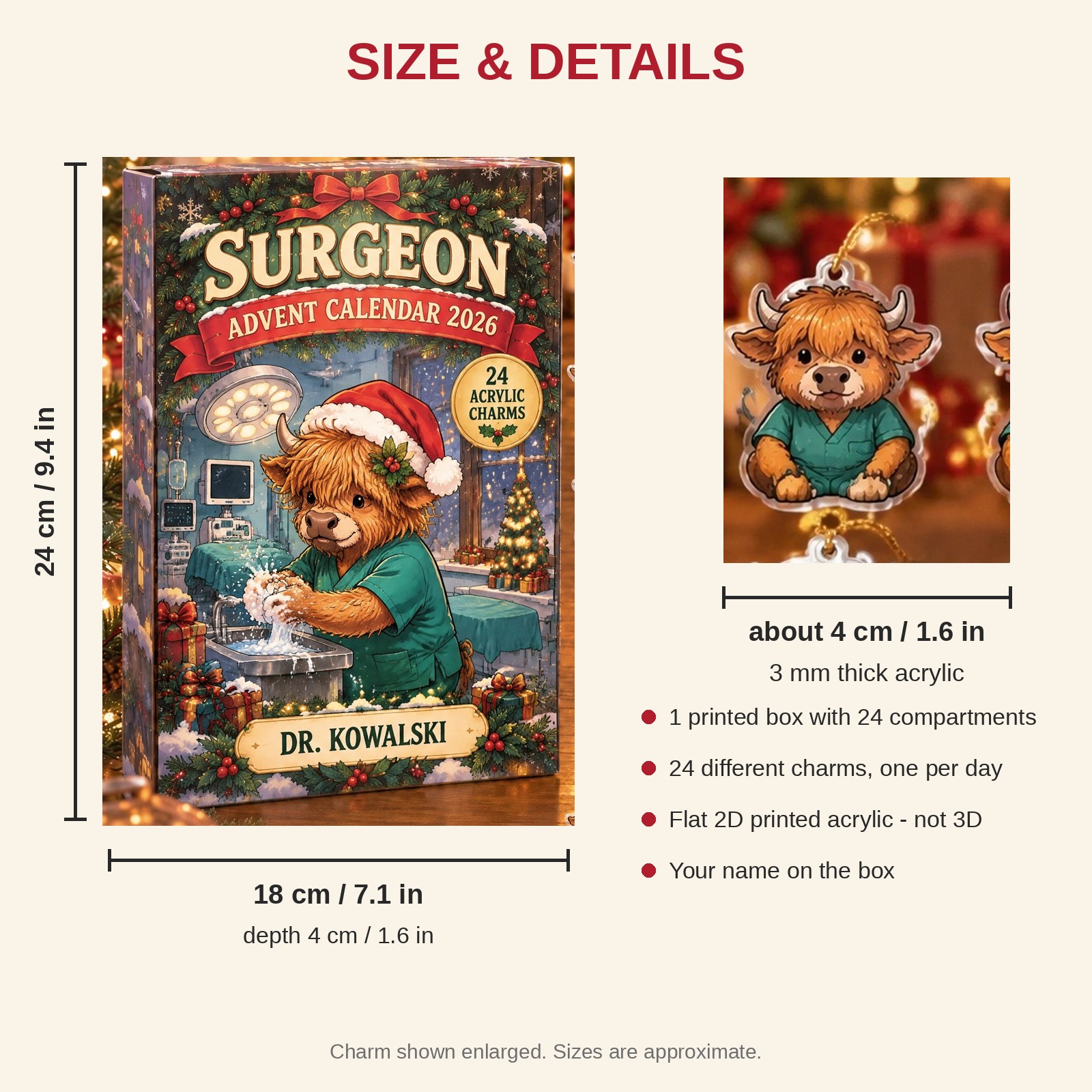 Personalized Surgeon Highland Cow advent calendar box with 24 flat acrylic Christmas charms: box and charm sizes
