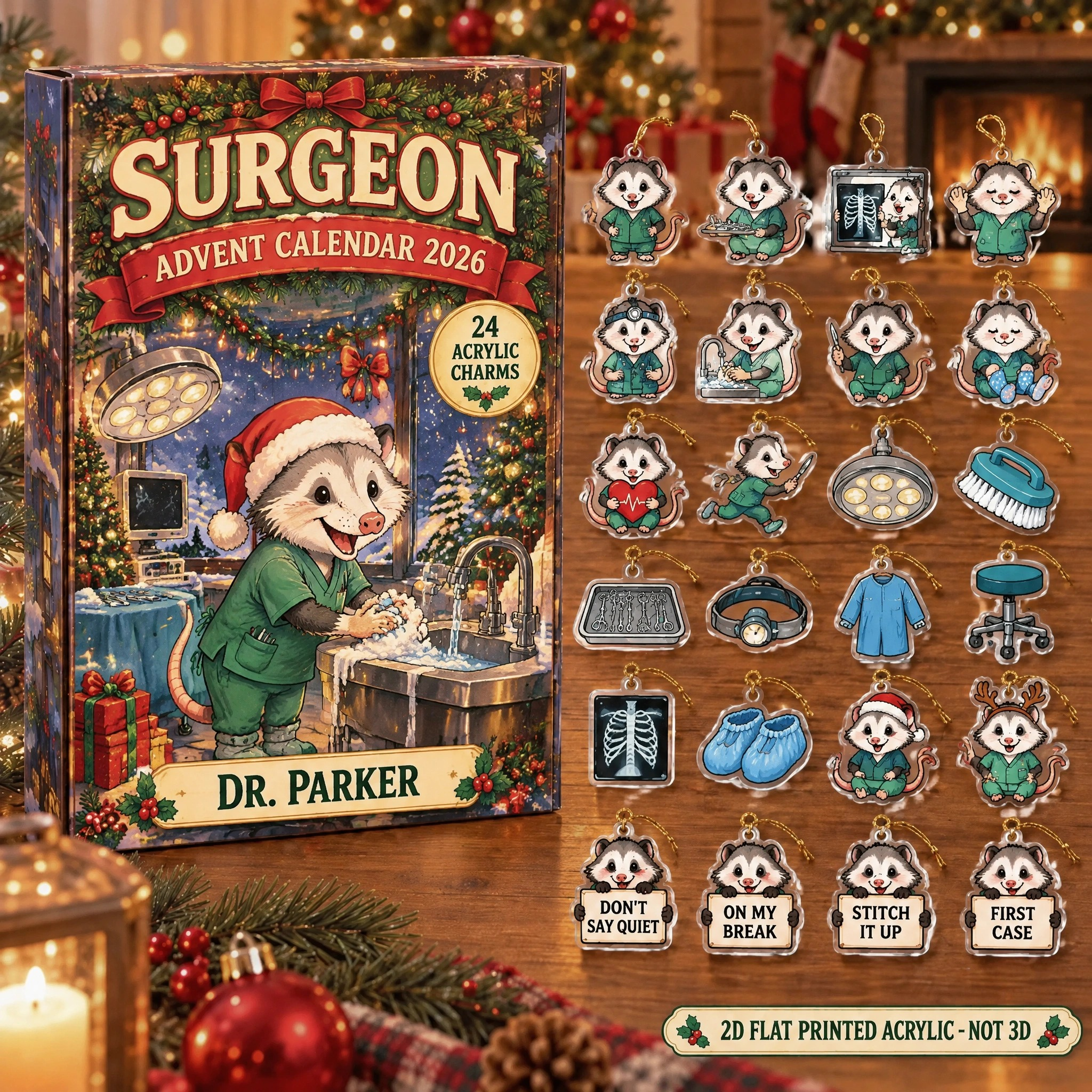 Personalized Surgeon Opossum advent calendar box with 24 flat acrylic Christmas charms