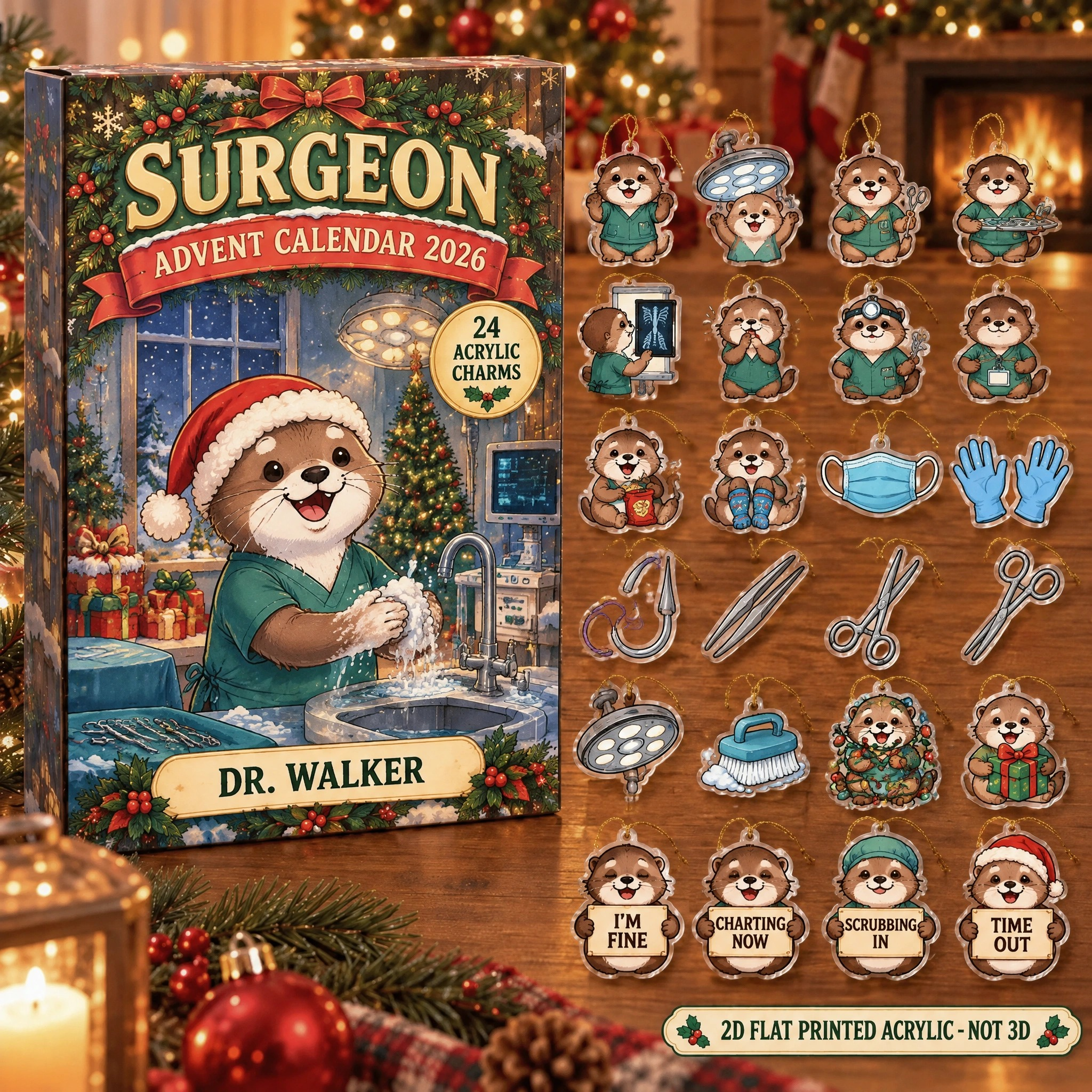 Personalized Surgeon Otter advent calendar box with 24 flat acrylic Christmas charms