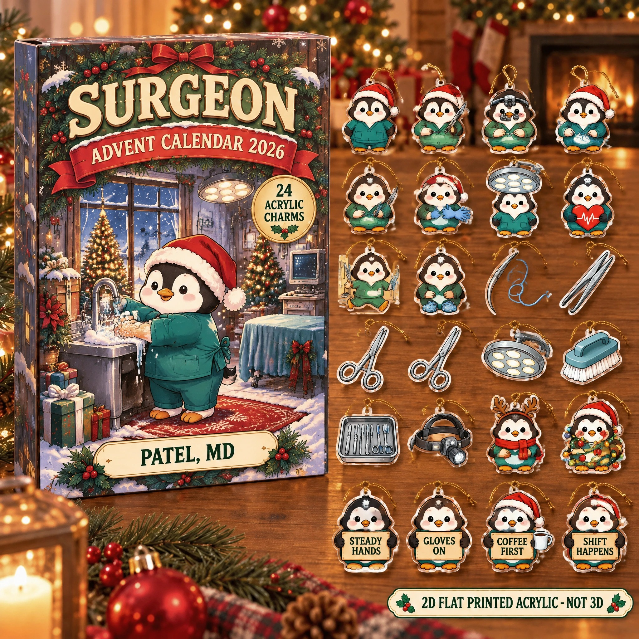 Personalized Surgeon Penguin advent calendar box with 24 flat acrylic Christmas charms