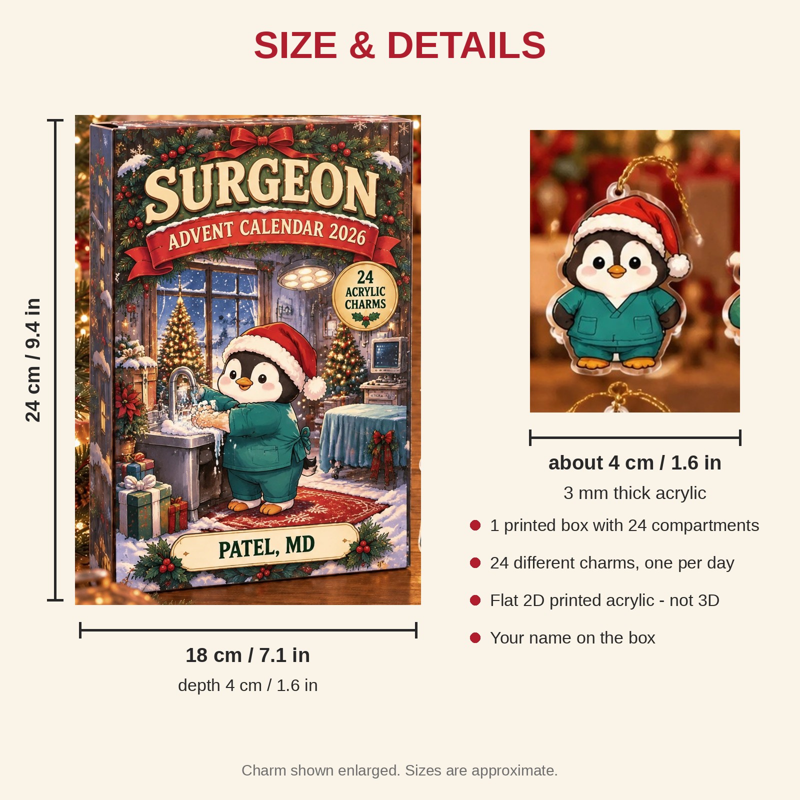 Personalized Surgeon Penguin advent calendar box with 24 flat acrylic Christmas charms: box and charm sizes