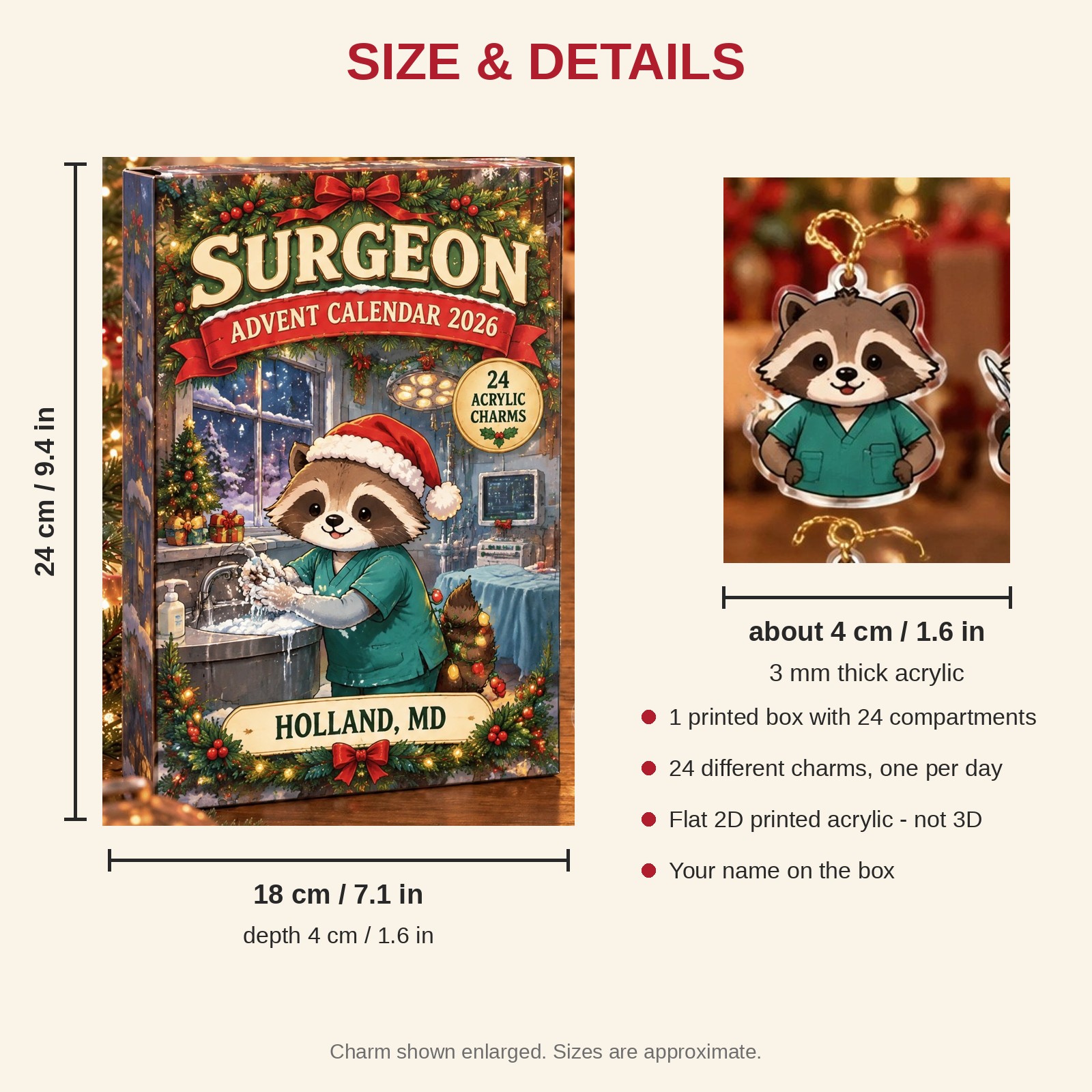 Personalized Surgeon Raccoon advent calendar box with 24 flat acrylic Christmas charms: box and charm sizes