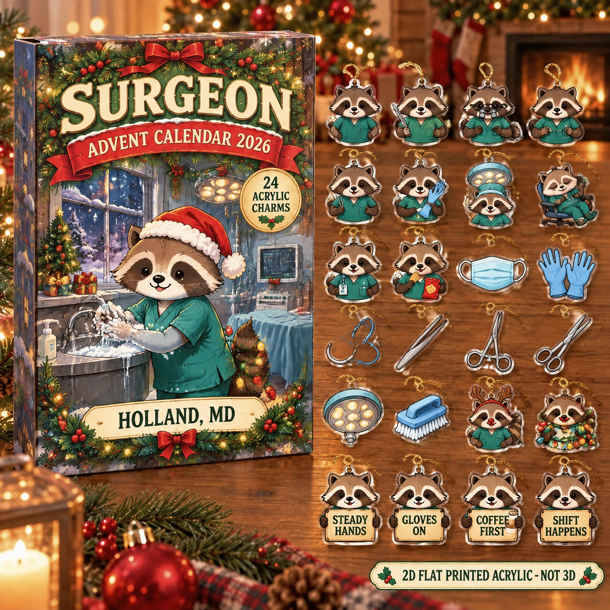 Personalized Surgeon Raccoon advent calendar box with 24 flat acrylic Christmas charms