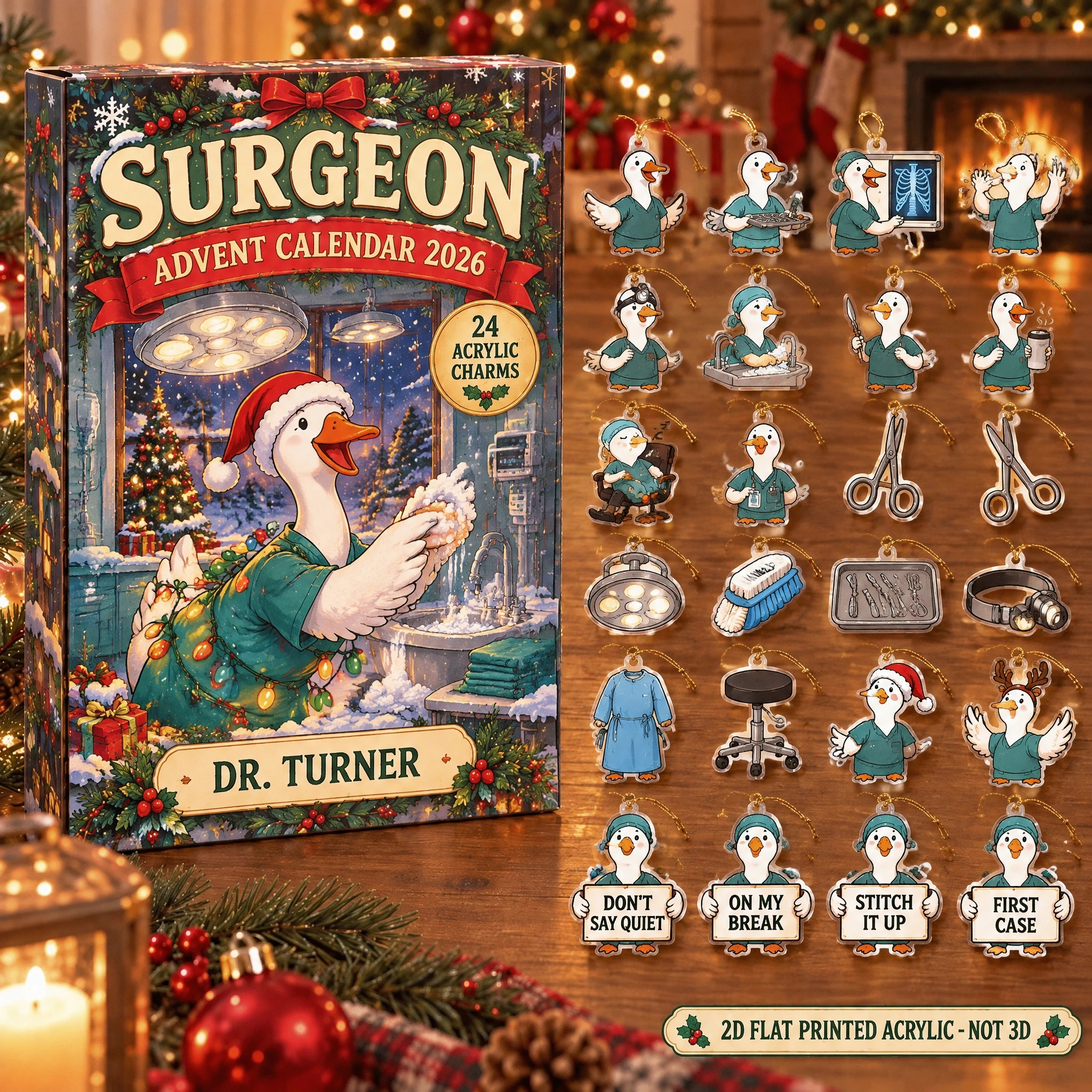 Personalized Surgeon Silly Goose advent calendar box with 24 flat acrylic Christmas charms