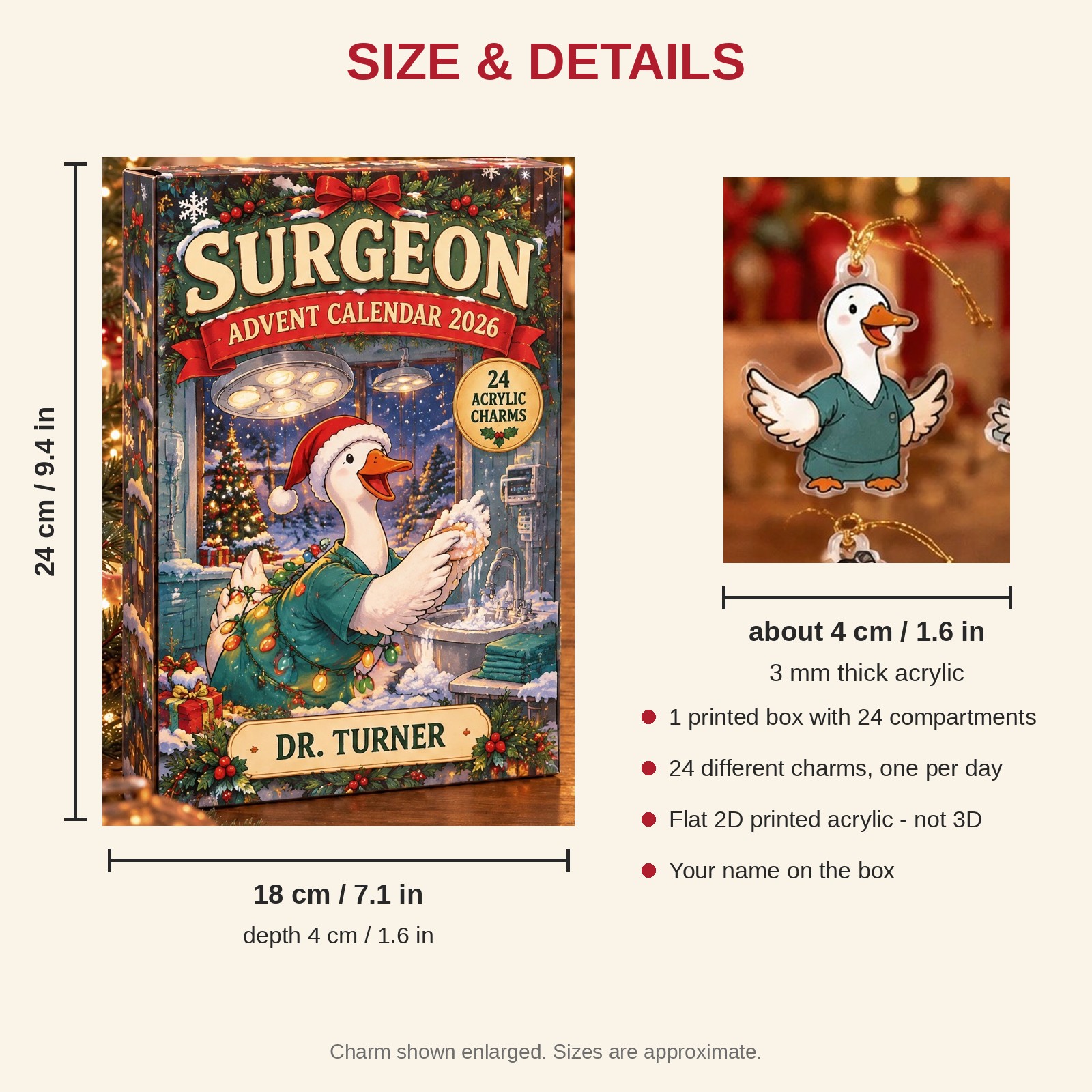 Personalized Surgeon Silly Goose advent calendar box with 24 flat acrylic Christmas charms: box and charm sizes
