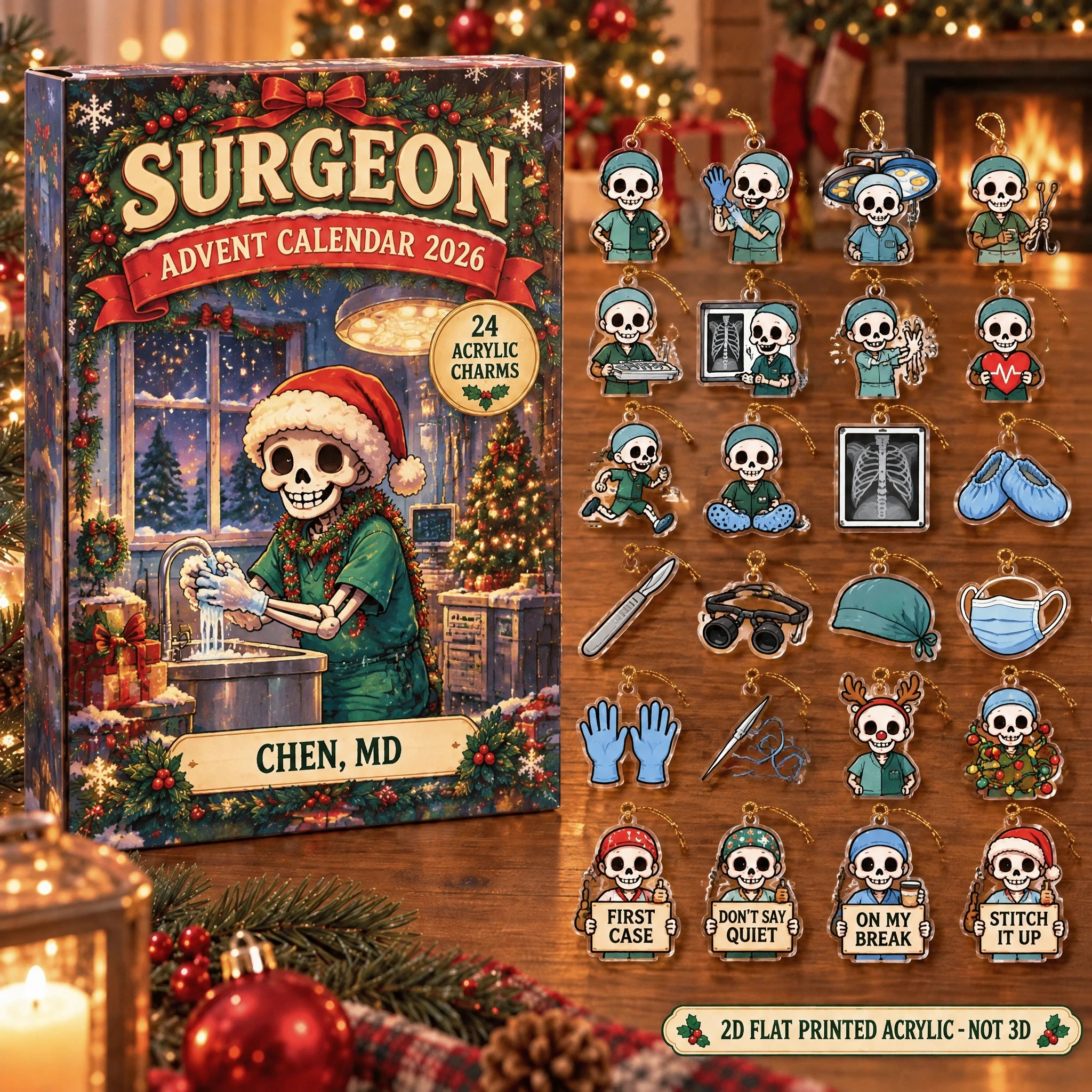 Personalized Surgeon Skeleton advent calendar box with 24 flat acrylic Christmas charms