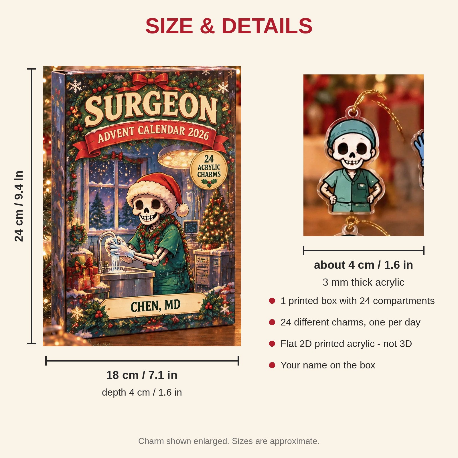 Personalized Surgeon Skeleton advent calendar box with 24 flat acrylic Christmas charms: box and charm sizes