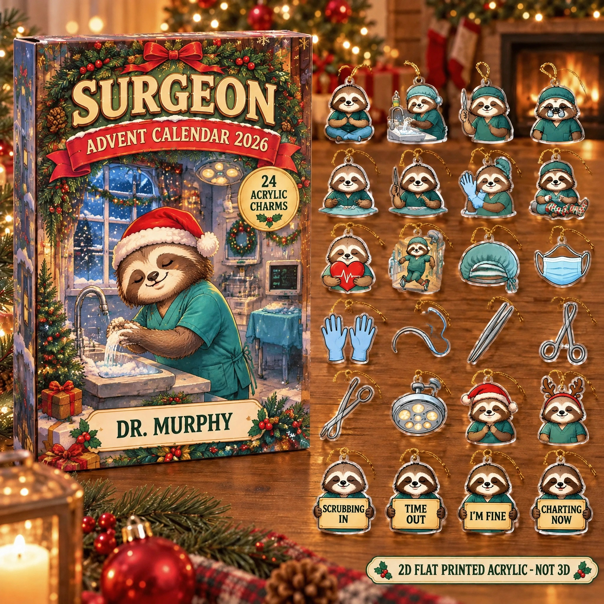 Personalized Surgeon Sloth advent calendar box with 24 flat acrylic Christmas charms