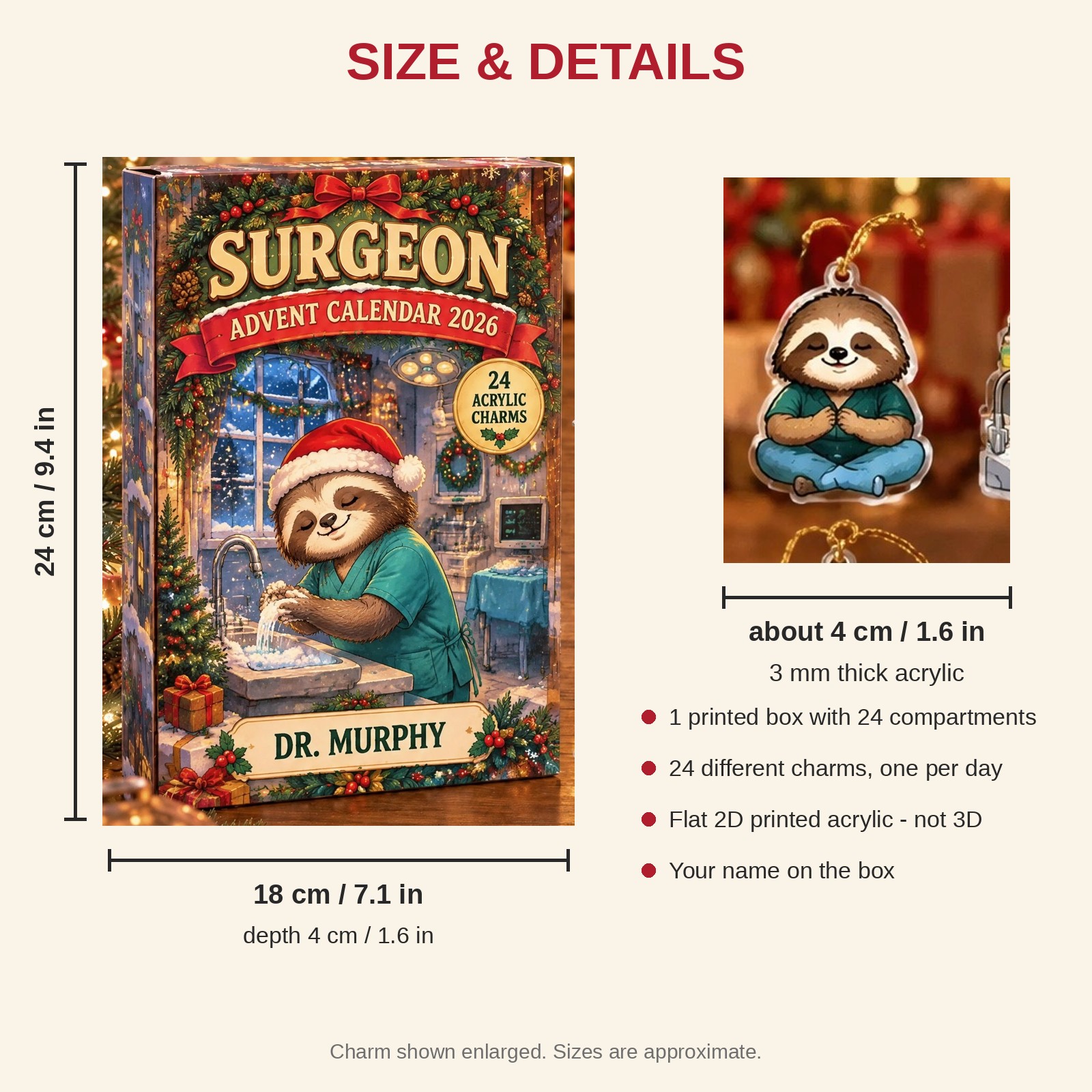 Personalized Surgeon Sloth advent calendar box with 24 flat acrylic Christmas charms: box and charm sizes