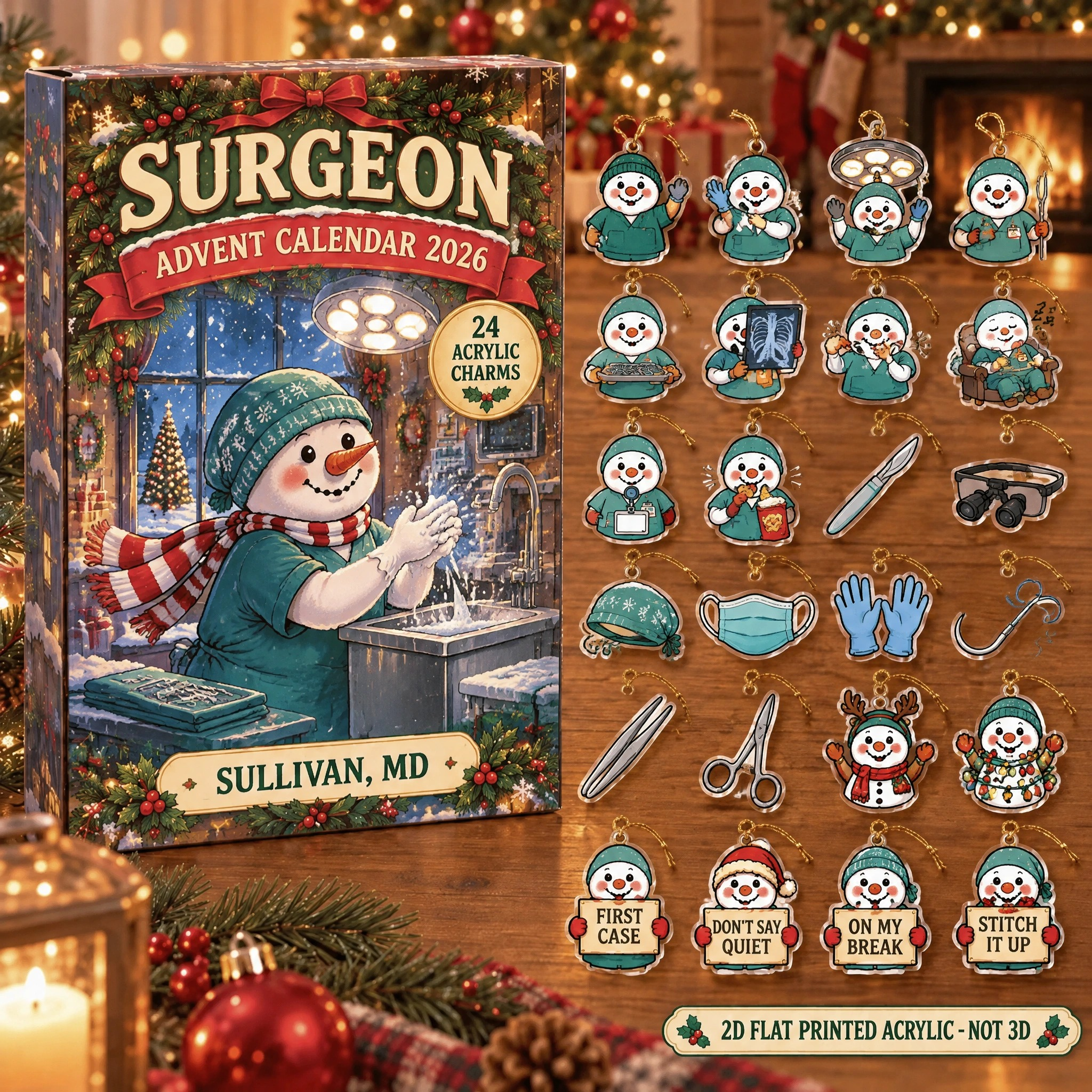 Personalized Surgeon Snowman advent calendar box with 24 flat acrylic Christmas charms
