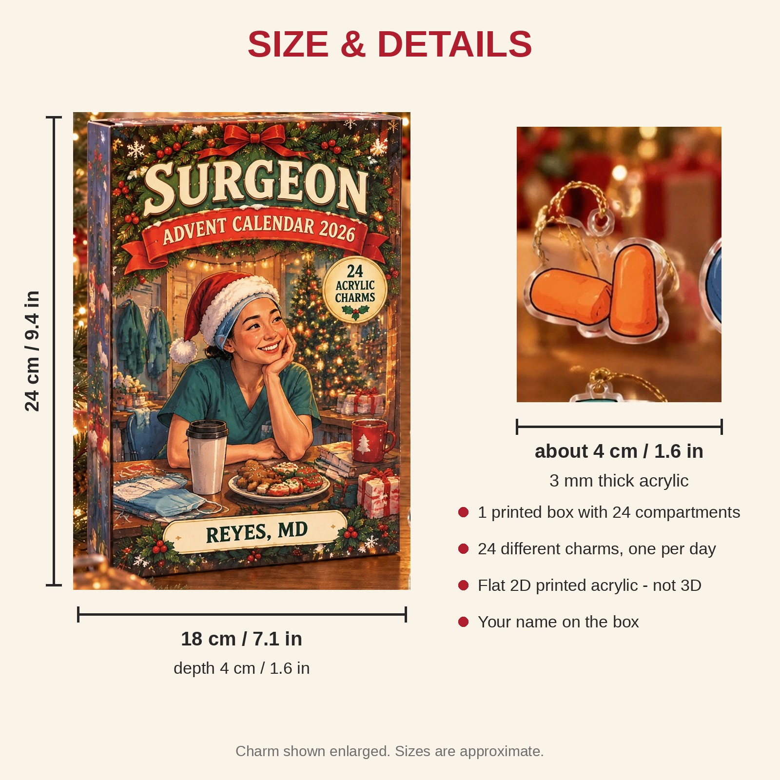 Personalized Surgeon Survival Kit advent calendar box with 24 flat acrylic Christmas charms: box and charm sizes
