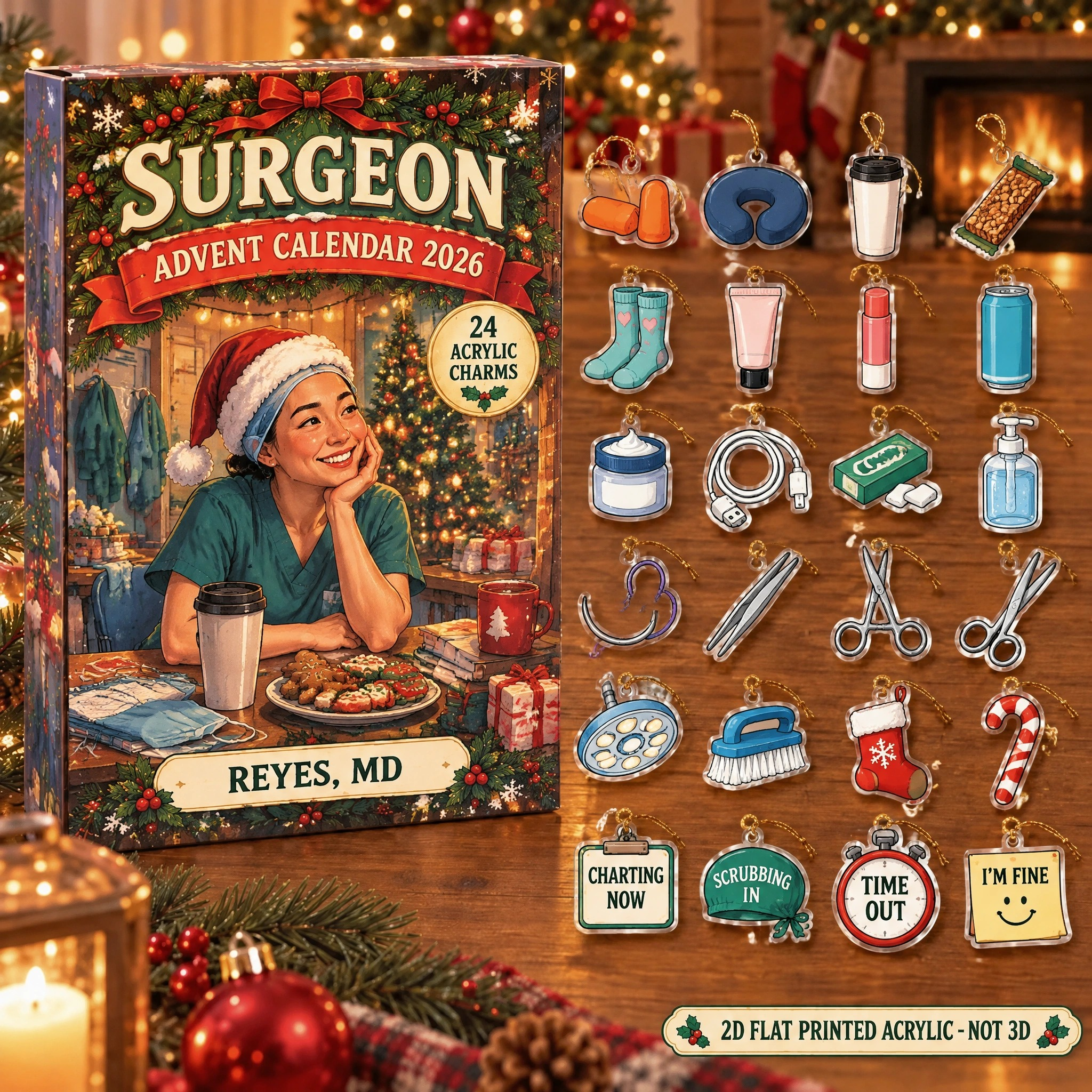 Personalized Surgeon Survival Kit advent calendar box with 24 flat acrylic Christmas charms