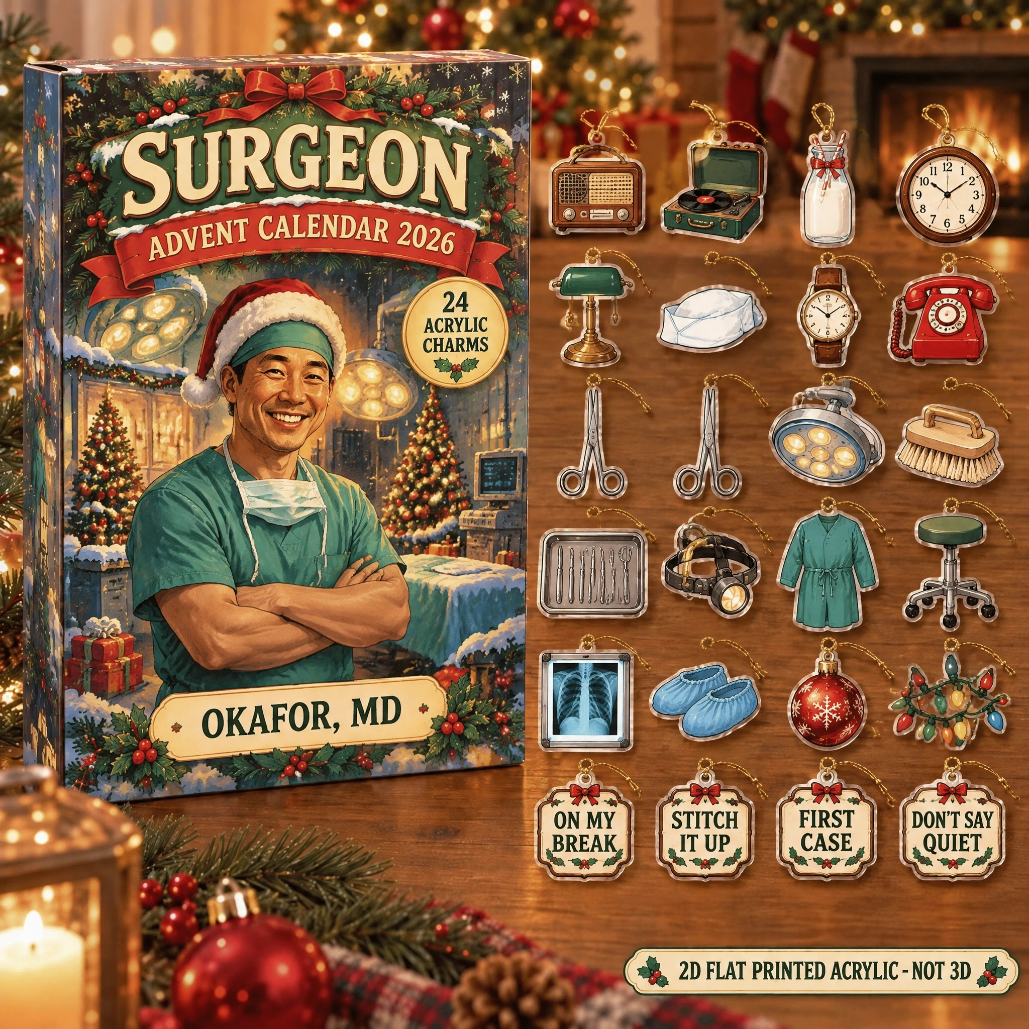 Personalized Vintage Retro Surgeon advent calendar box with 24 flat acrylic Christmas charms