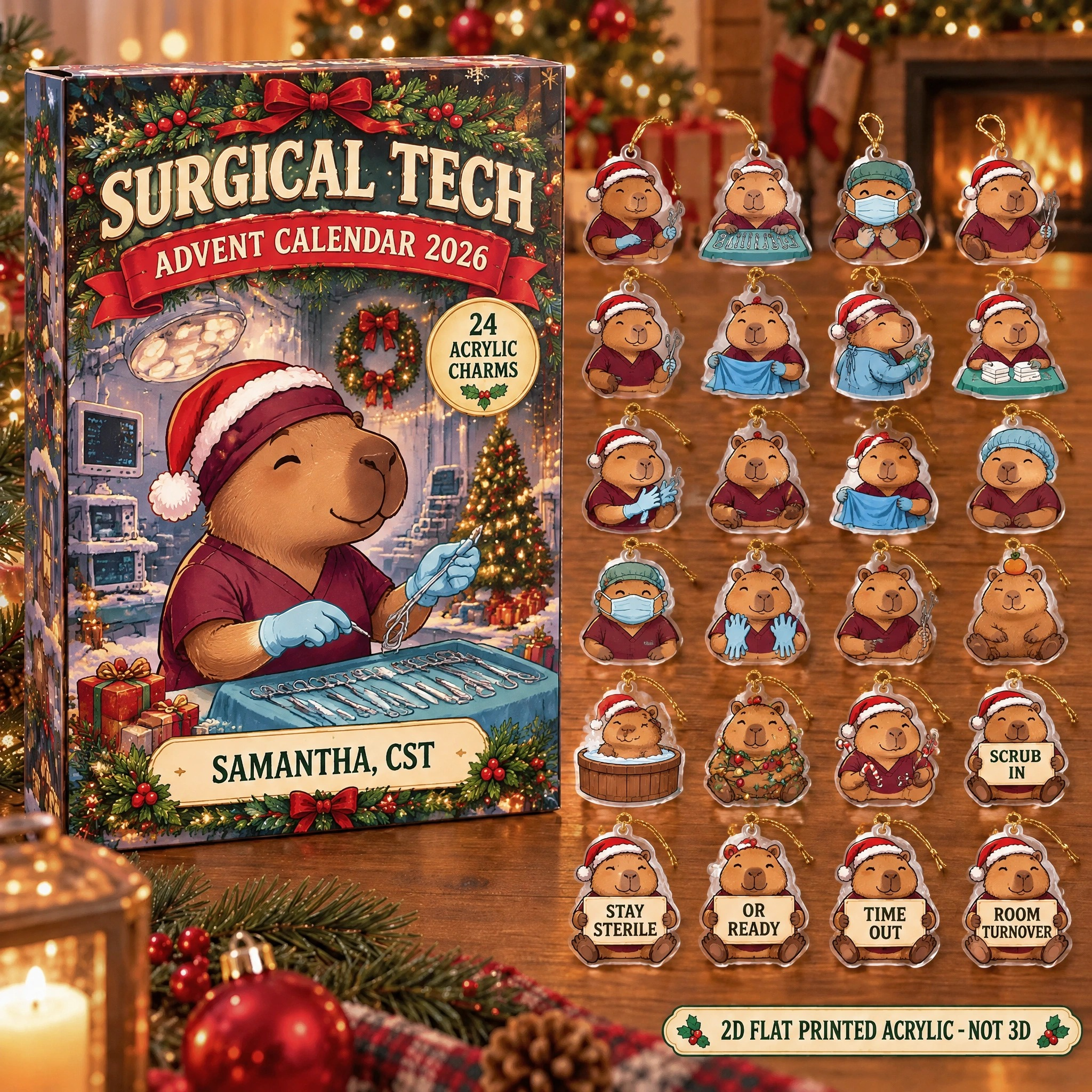 Personalized Surgical Tech Capybara advent calendar box with 24 flat acrylic Christmas charms
