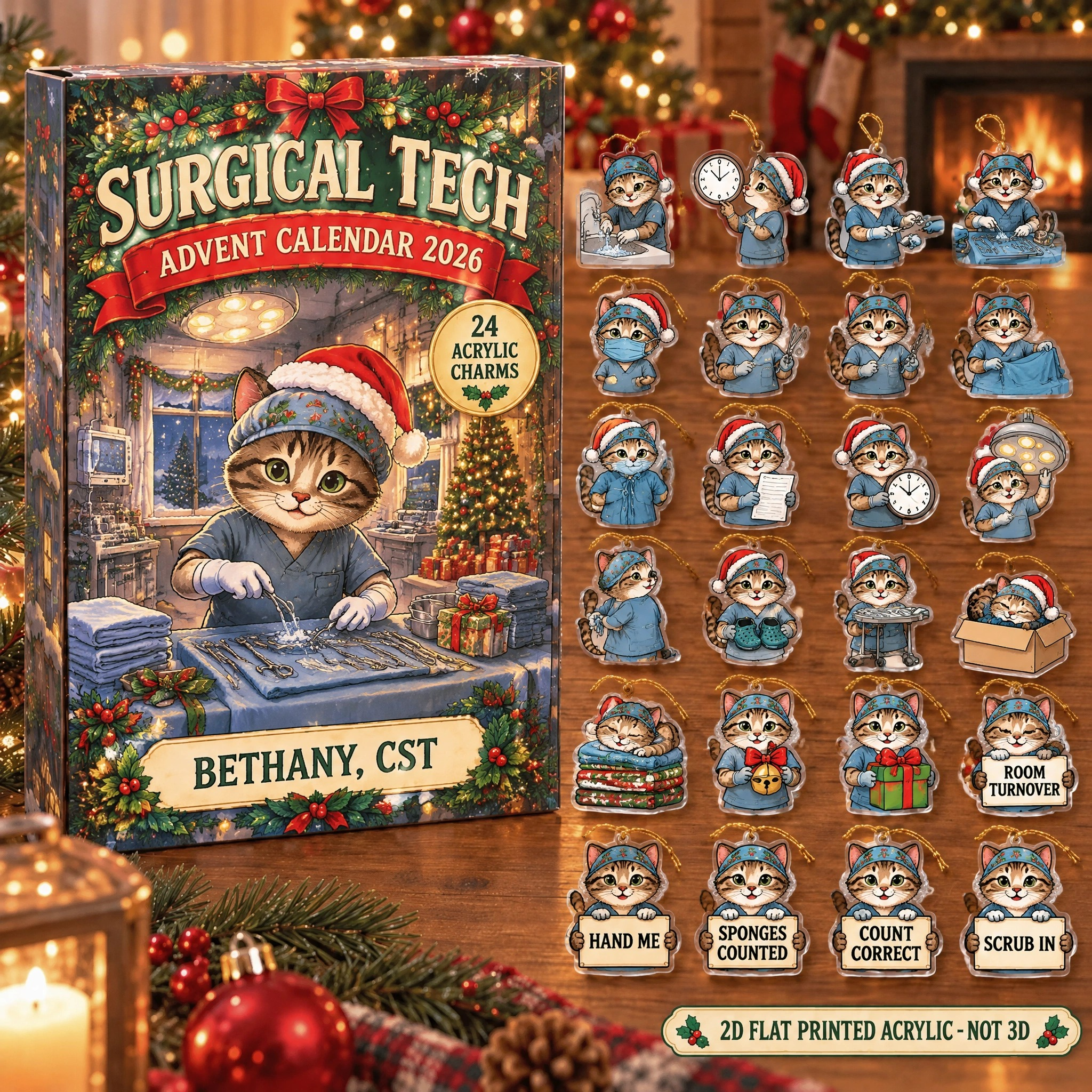 Personalized Surgical Tech Cat advent calendar box with 24 flat acrylic Christmas charms