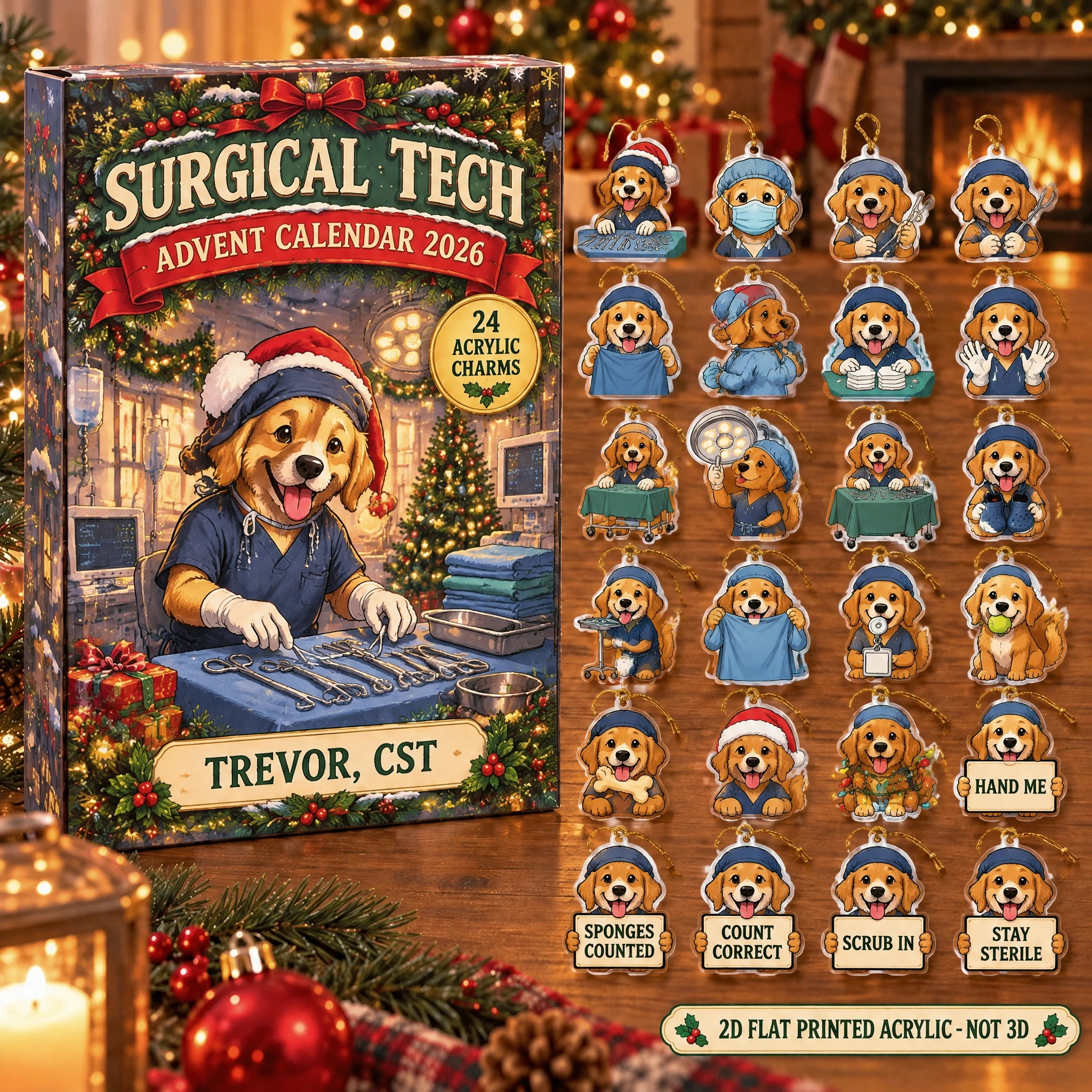 Personalized Surgical Tech Dog advent calendar box with 24 flat acrylic Christmas charms