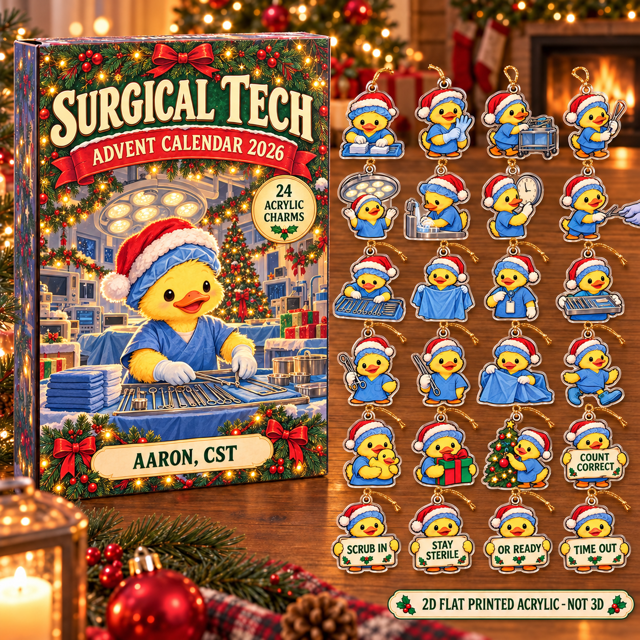 Personalized Surgical Tech Duck advent calendar box with 24 flat acrylic Christmas charms