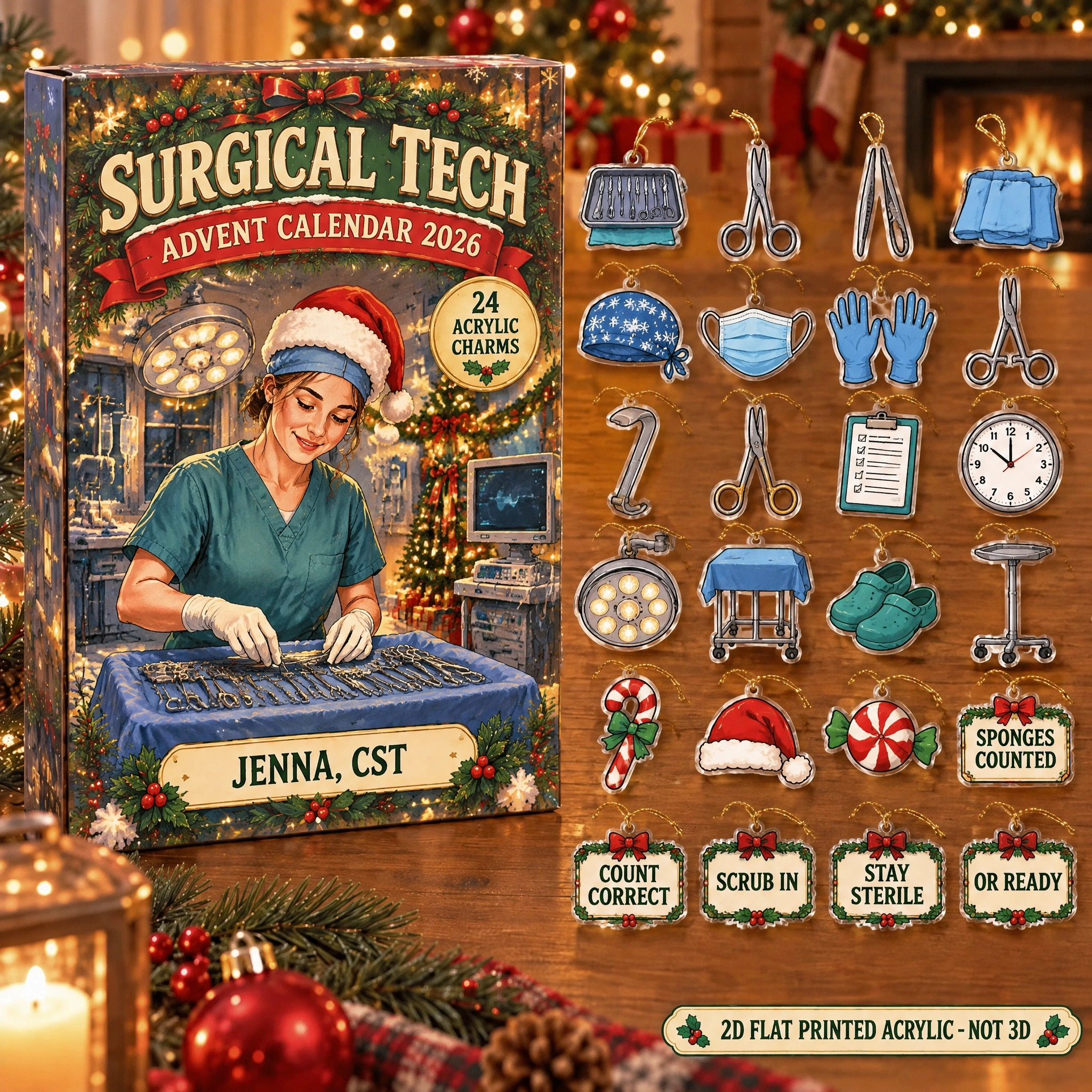 Personalized Surgical Tech Essentials advent calendar box with 24 flat acrylic Christmas charms