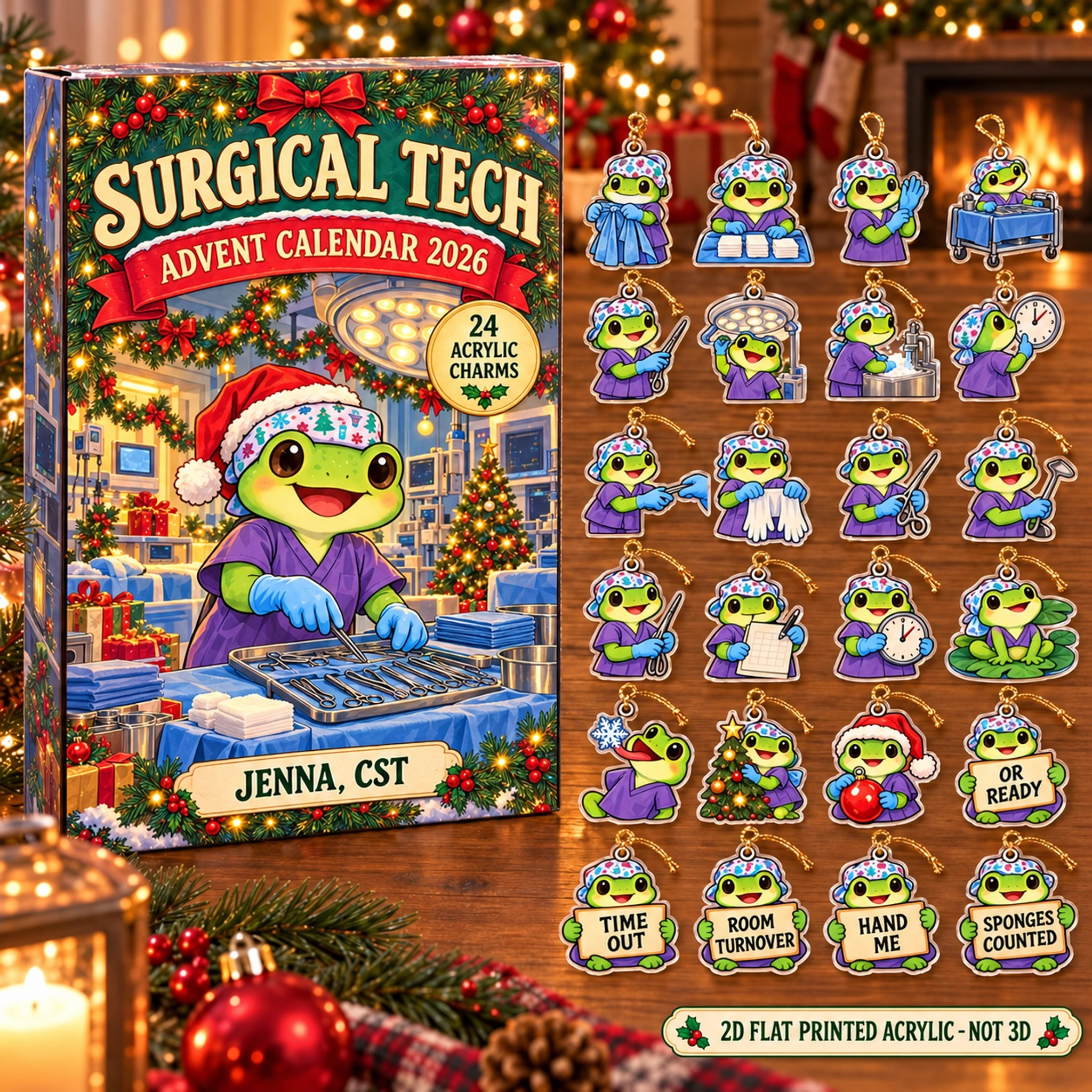 Personalized Surgical Tech Frog advent calendar box with 24 flat acrylic Christmas charms
