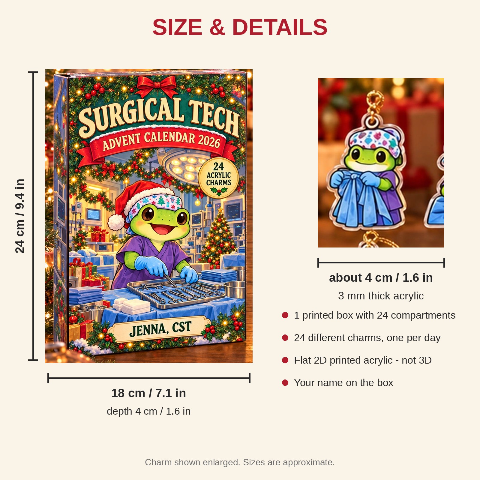 Personalized Surgical Tech Frog advent calendar box with 24 flat acrylic Christmas charms: box and charm sizes