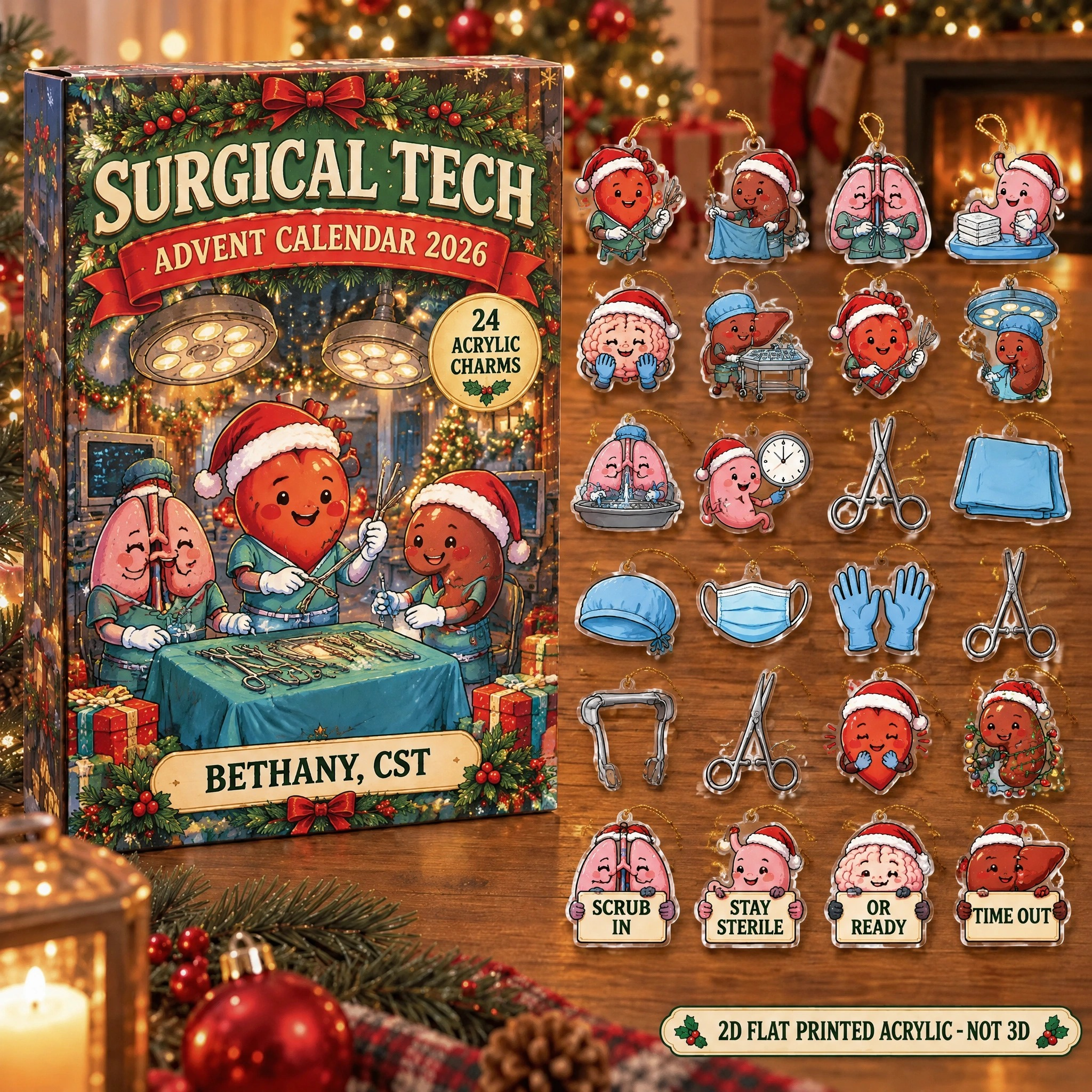 Personalized Funny Anatomy Surgical Tech advent calendar box with 24 flat acrylic Christmas charms