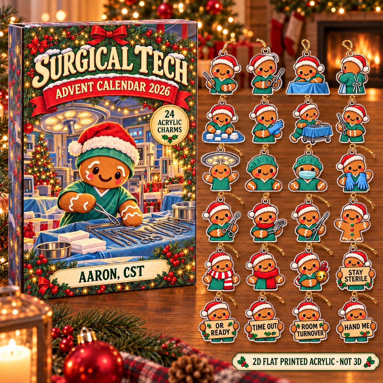 Personalized Gingerbread Surgical Tech advent calendar box with 24 flat acrylic Christmas charms