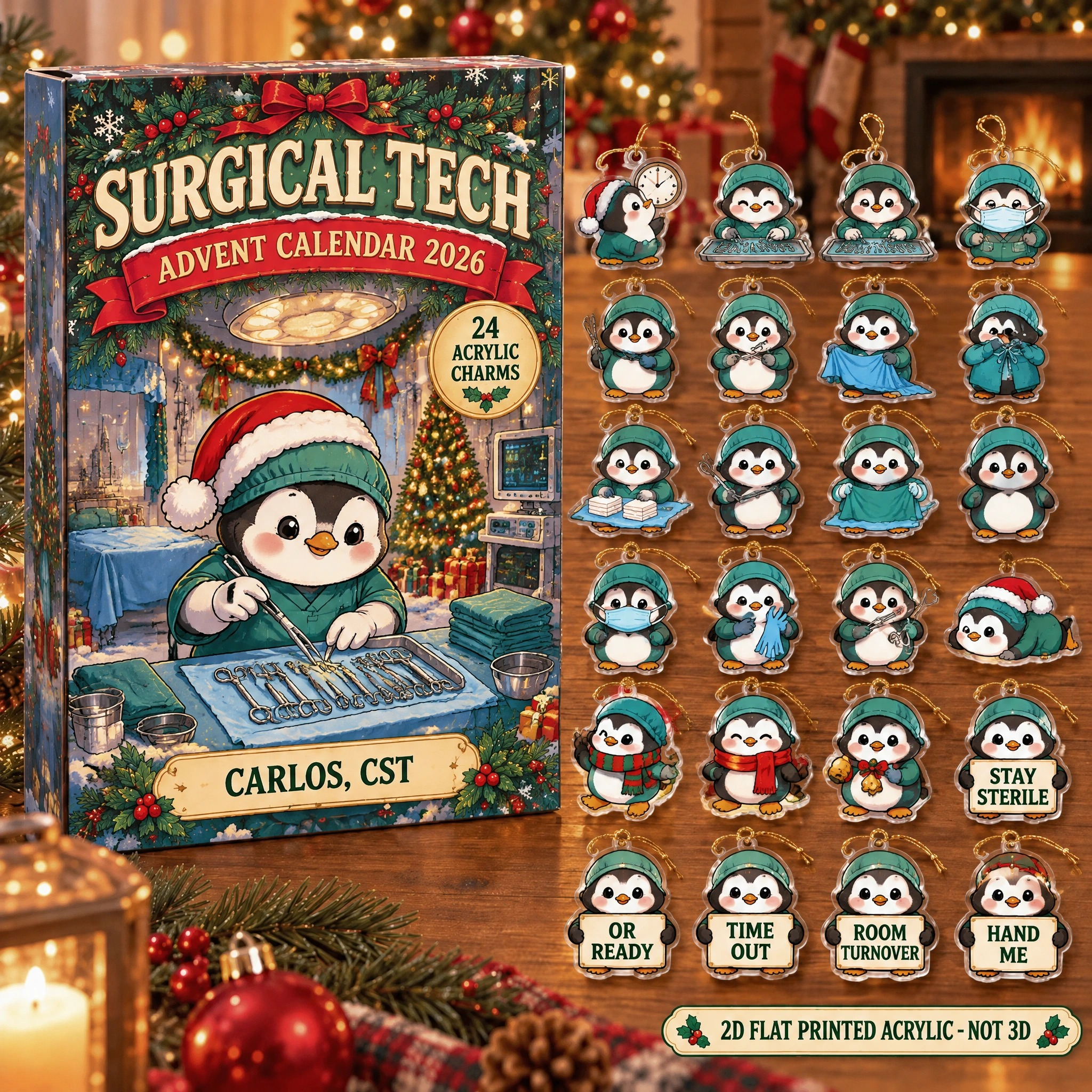 Personalized Surgical Tech Penguin advent calendar box with 24 flat acrylic Christmas charms