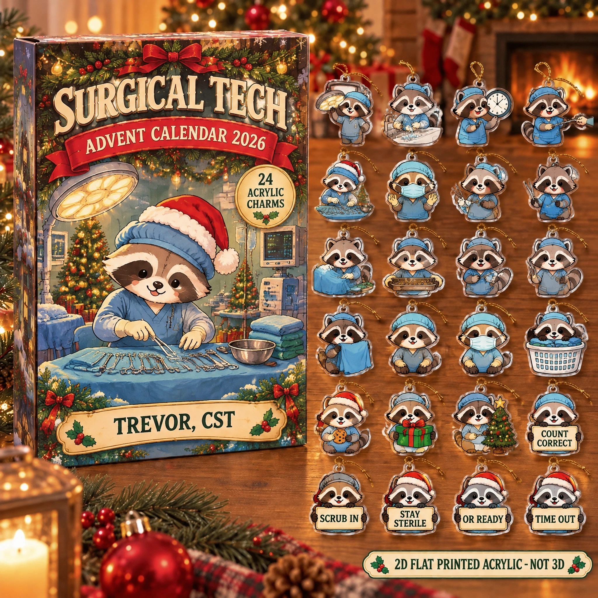 Personalized Surgical Tech Raccoon advent calendar box with 24 flat acrylic Christmas charms