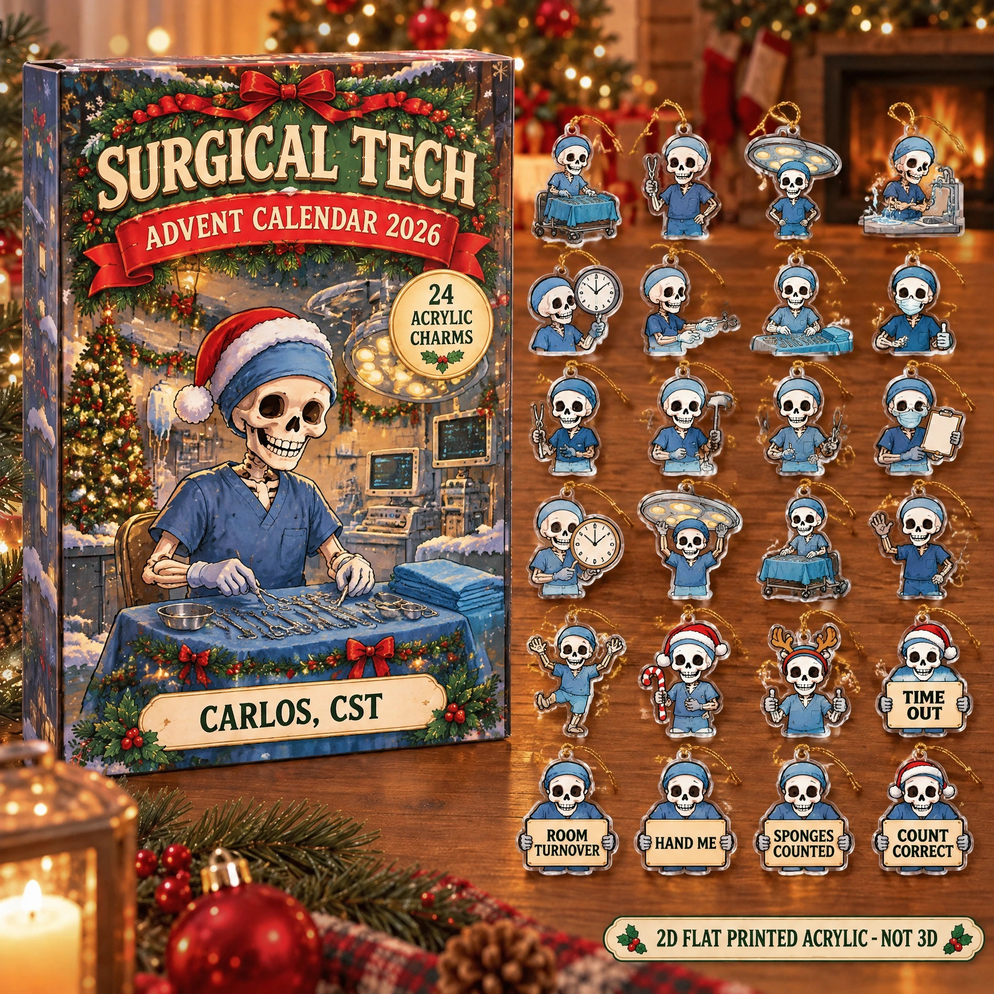 Personalized Surgical Tech Skeleton advent calendar box with 24 flat acrylic Christmas charms