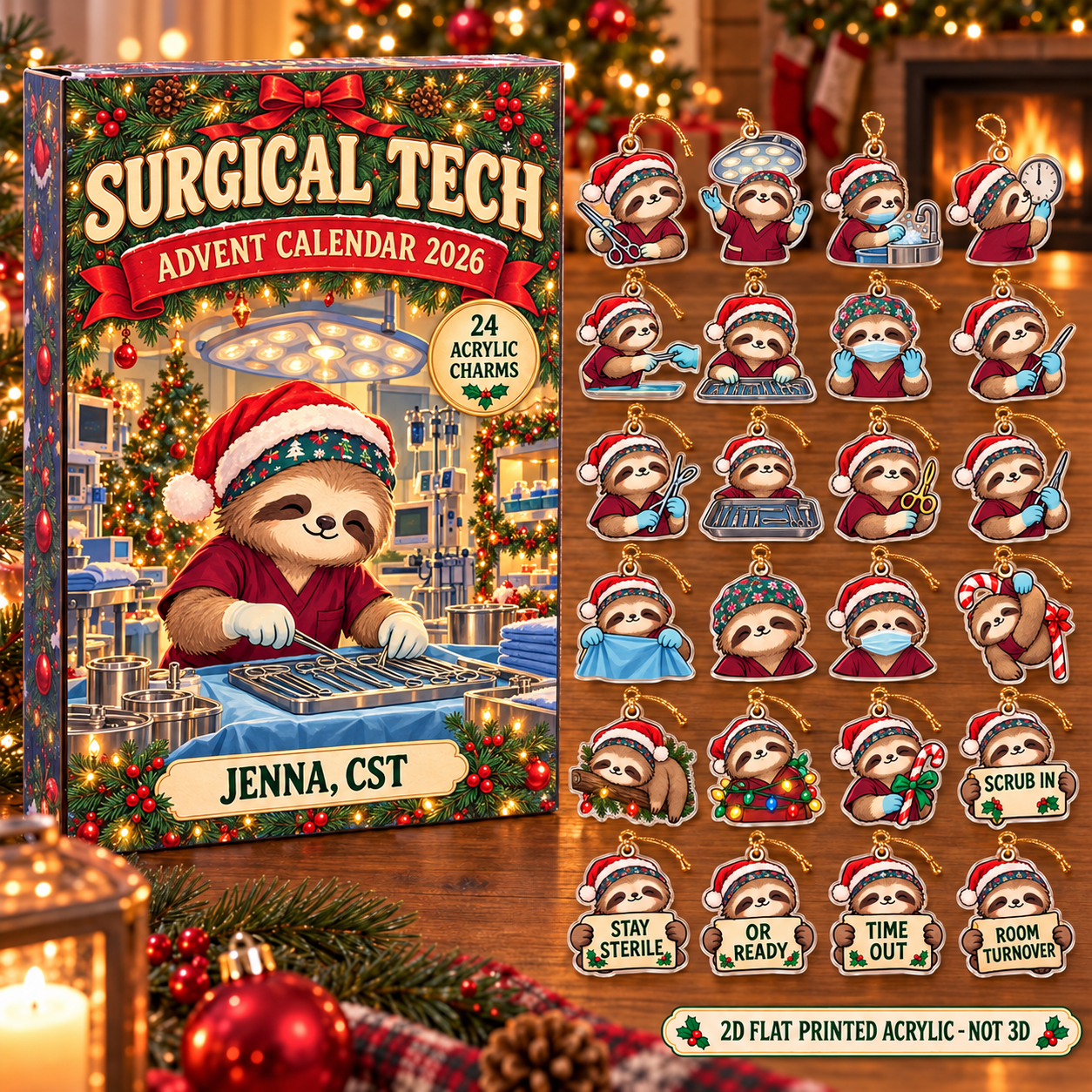 Personalized Surgical Tech Sloth advent calendar box with 24 flat acrylic Christmas charms