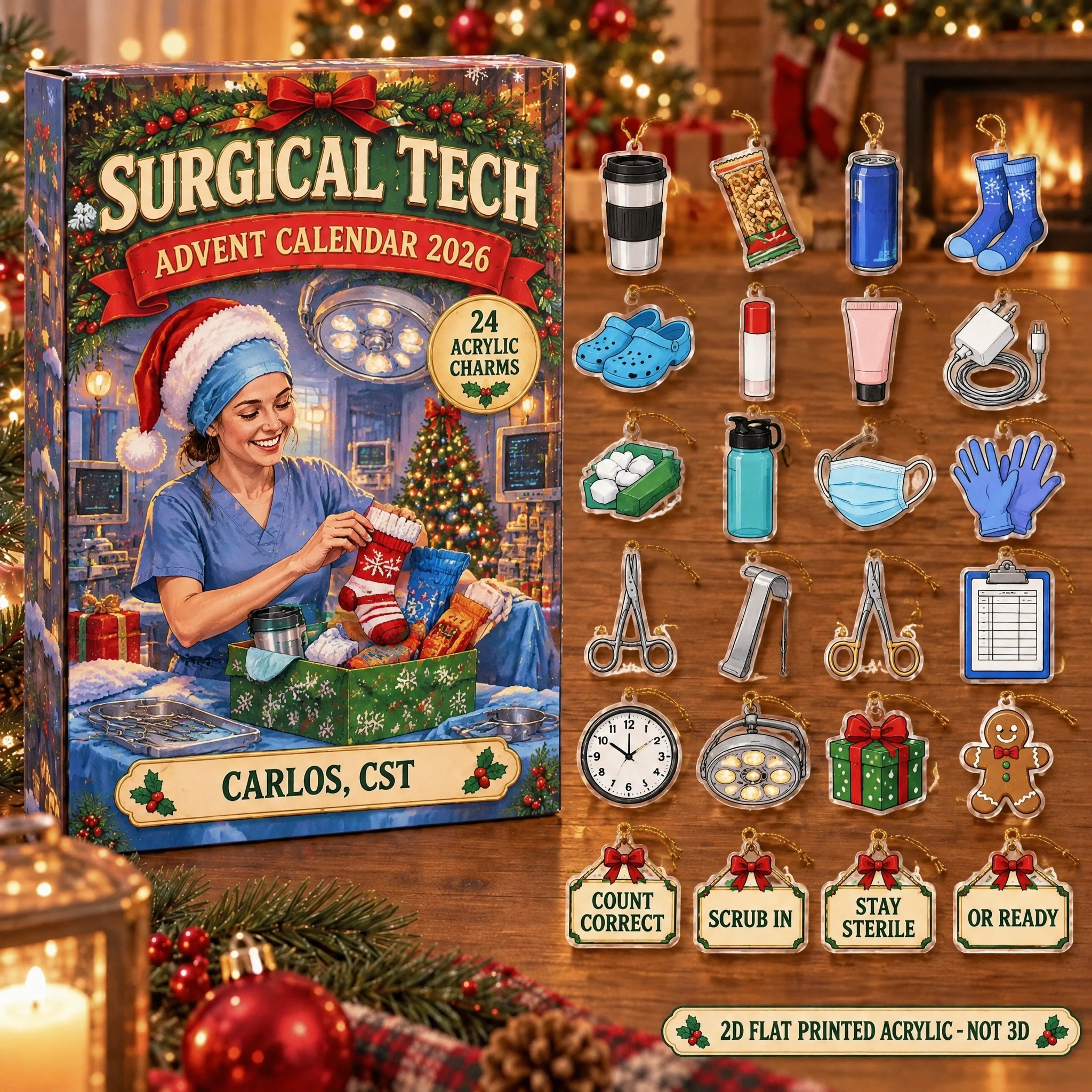 Personalized Surgical Tech Survival Kit advent calendar box with 24 flat acrylic Christmas charms