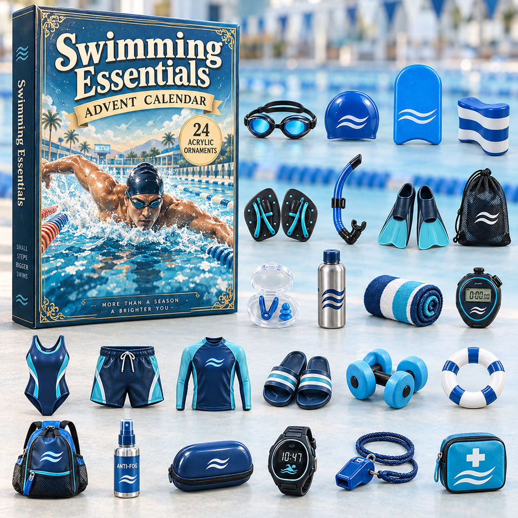 Swimming Essentials advent calendar box with 24 acrylic Christmas charms