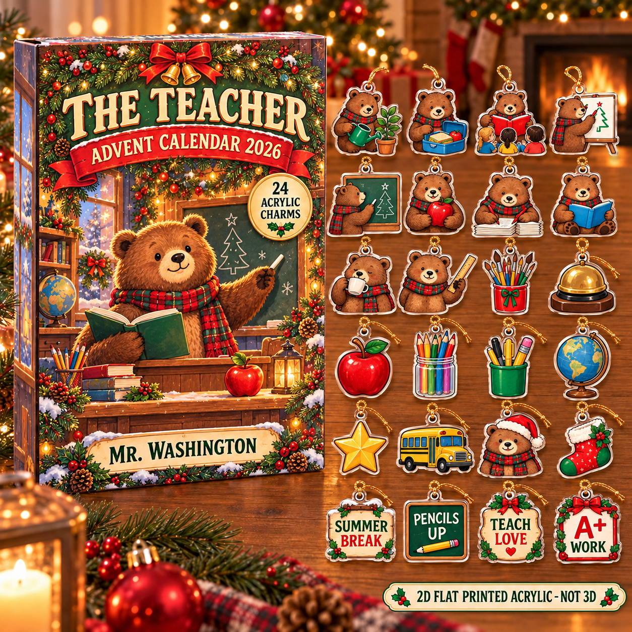 Personalized Teacher Bear advent calendar box with 24 flat acrylic Christmas charms