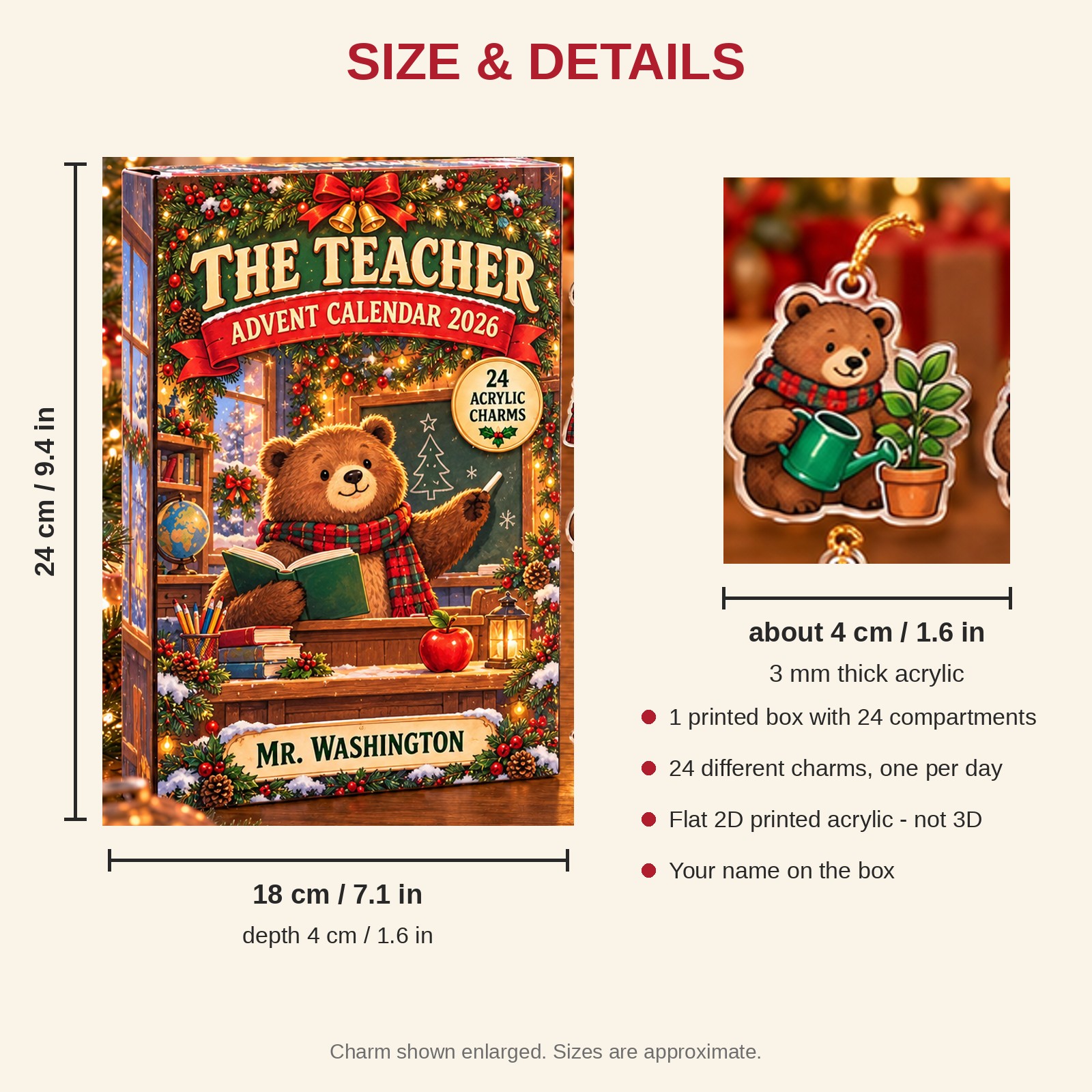 Personalized Teacher Bear advent calendar box with 24 flat acrylic Christmas charms: box and charm sizes