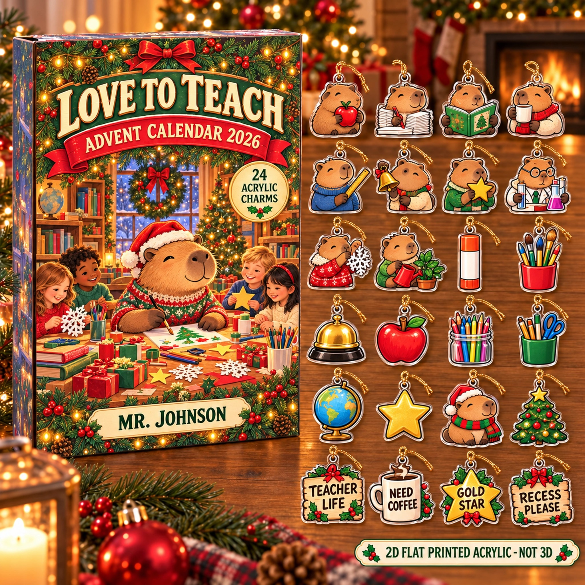 Personalized Teacher Capybara advent calendar box with 24 flat acrylic Christmas charms