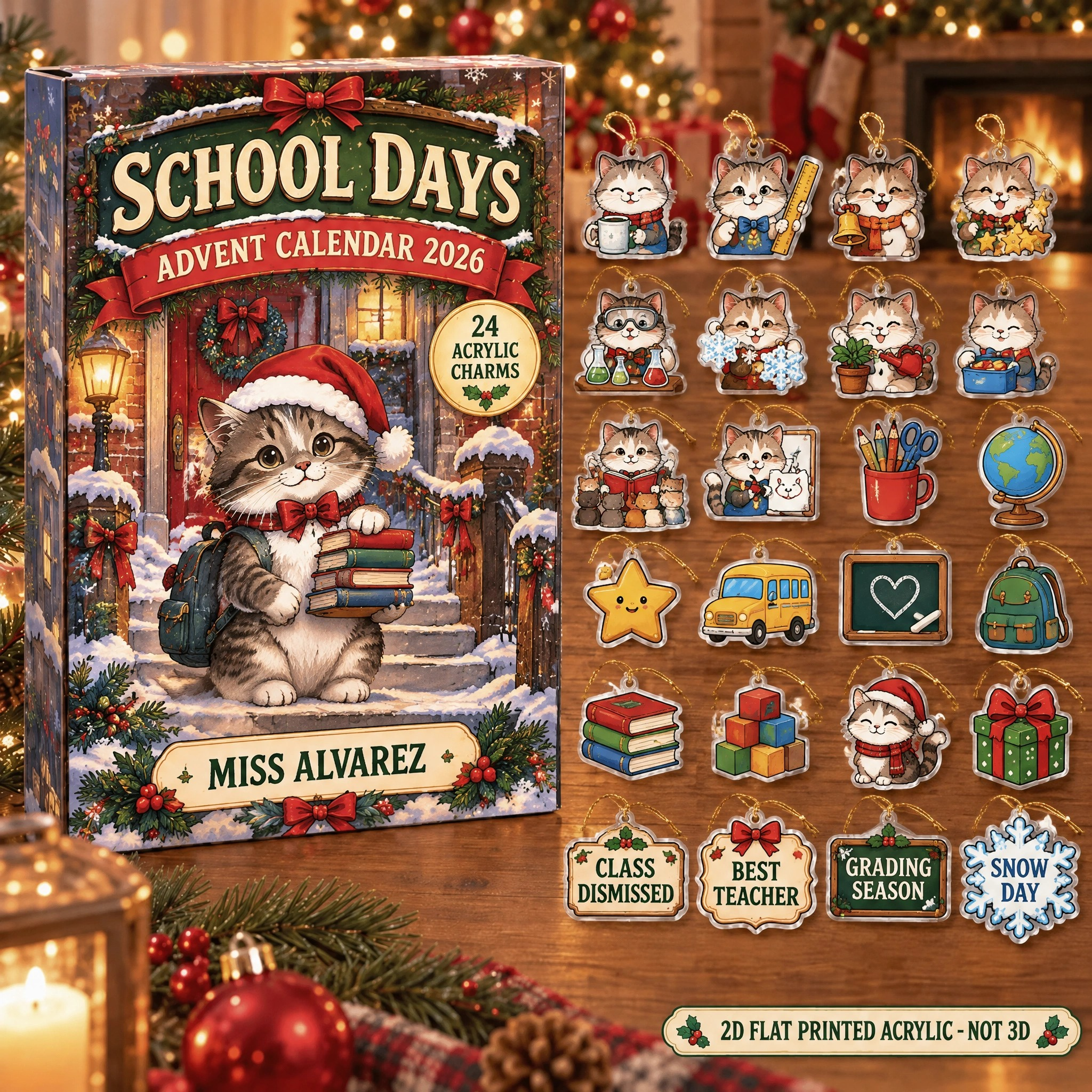 Personalized Teacher Cat advent calendar box with 24 flat acrylic Christmas charms