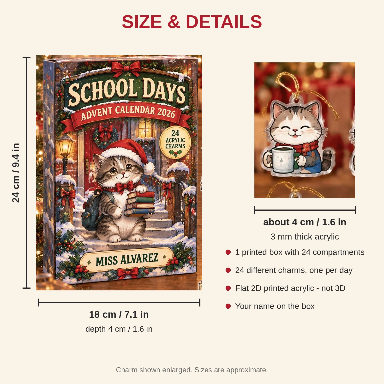 Personalized Teacher Cat advent calendar box with 24 flat acrylic Christmas charms: box and charm sizes