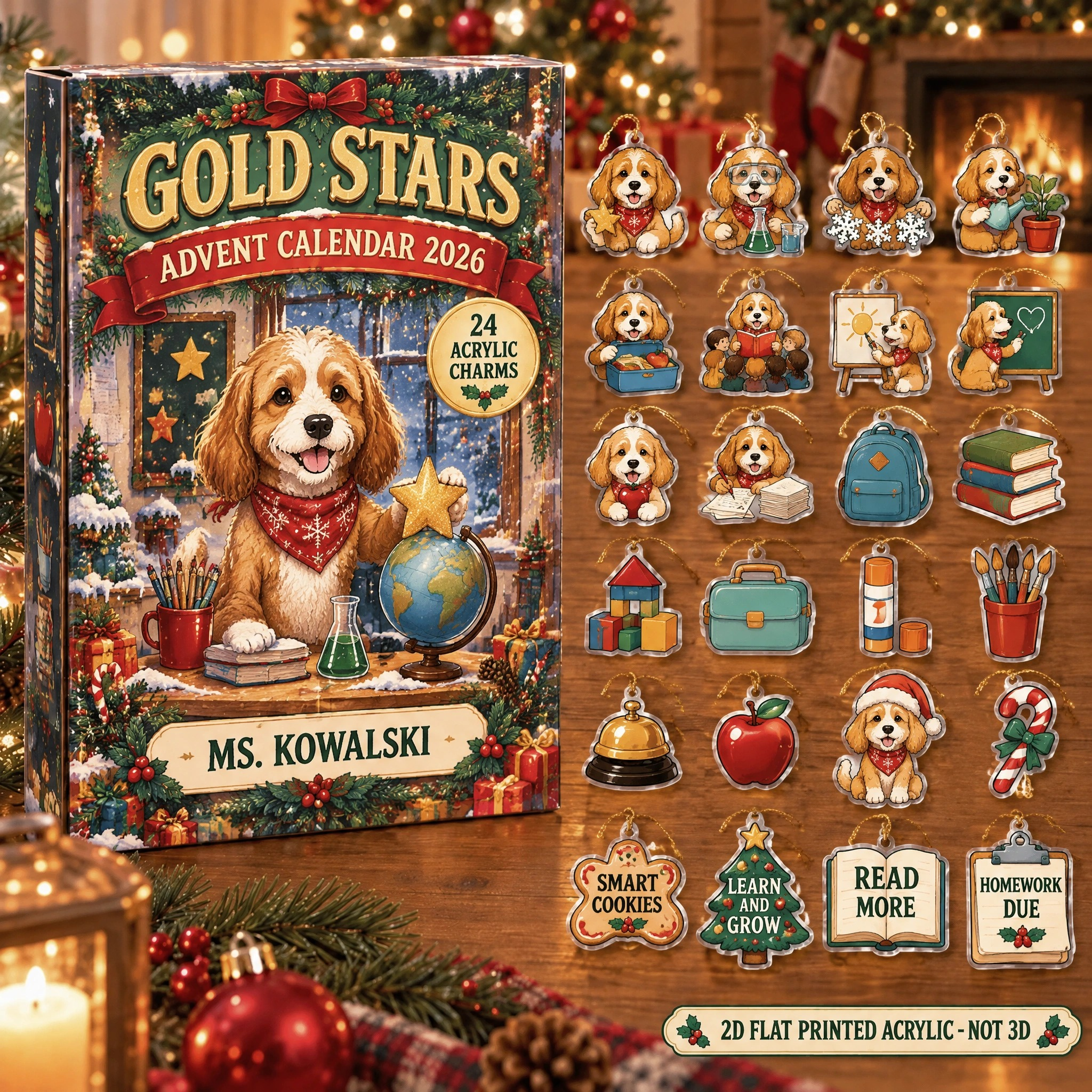 Personalized Teacher Dog advent calendar box with 24 flat acrylic Christmas charms