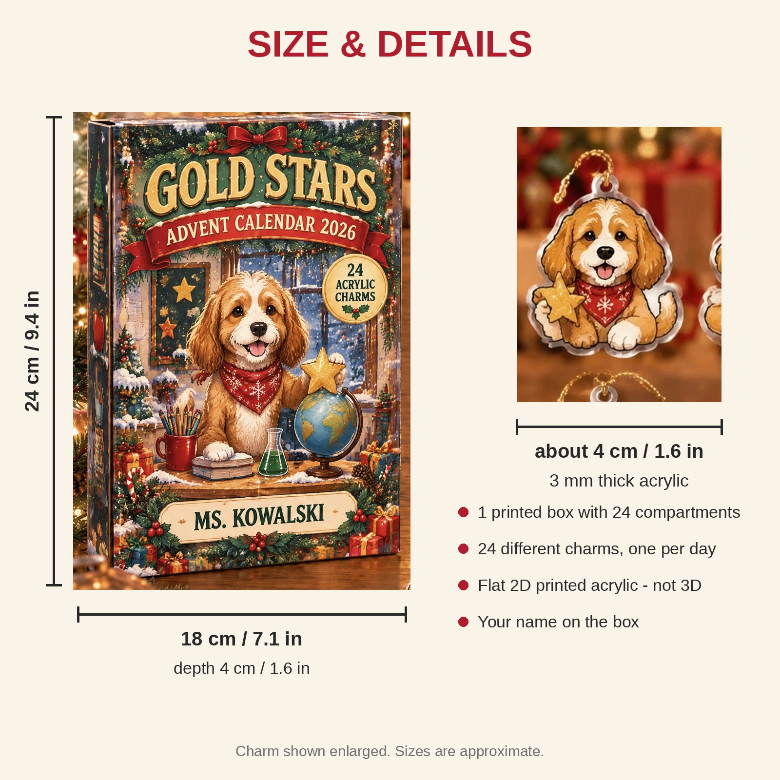 Personalized Teacher Dog advent calendar box with 24 flat acrylic Christmas charms: box and charm sizes