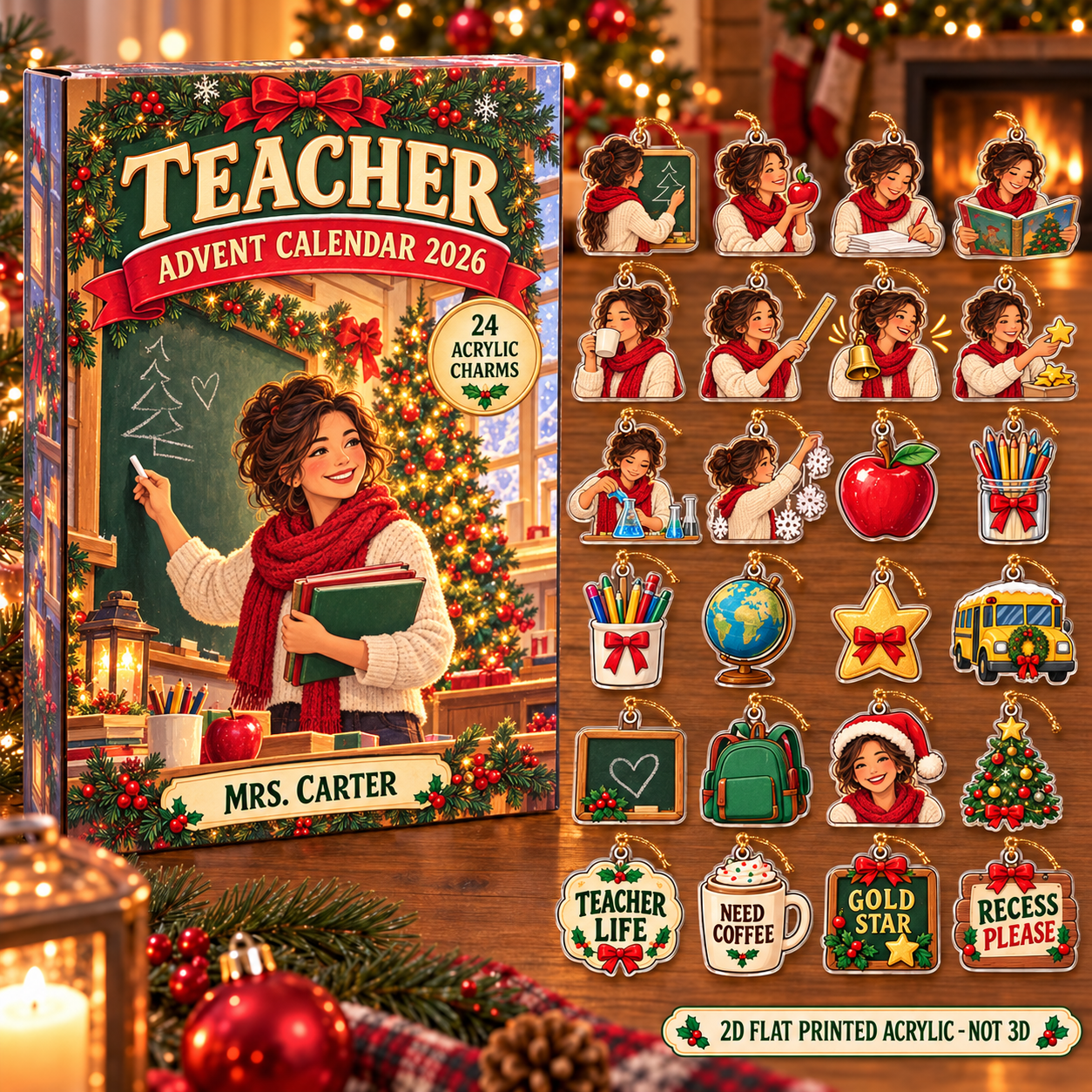 Personalized Teacher Essentials advent calendar box with 24 flat acrylic Christmas charms