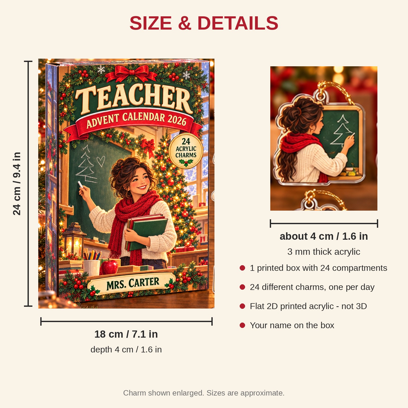 Personalized Teacher Essentials advent calendar box with 24 flat acrylic Christmas charms: box and charm sizes