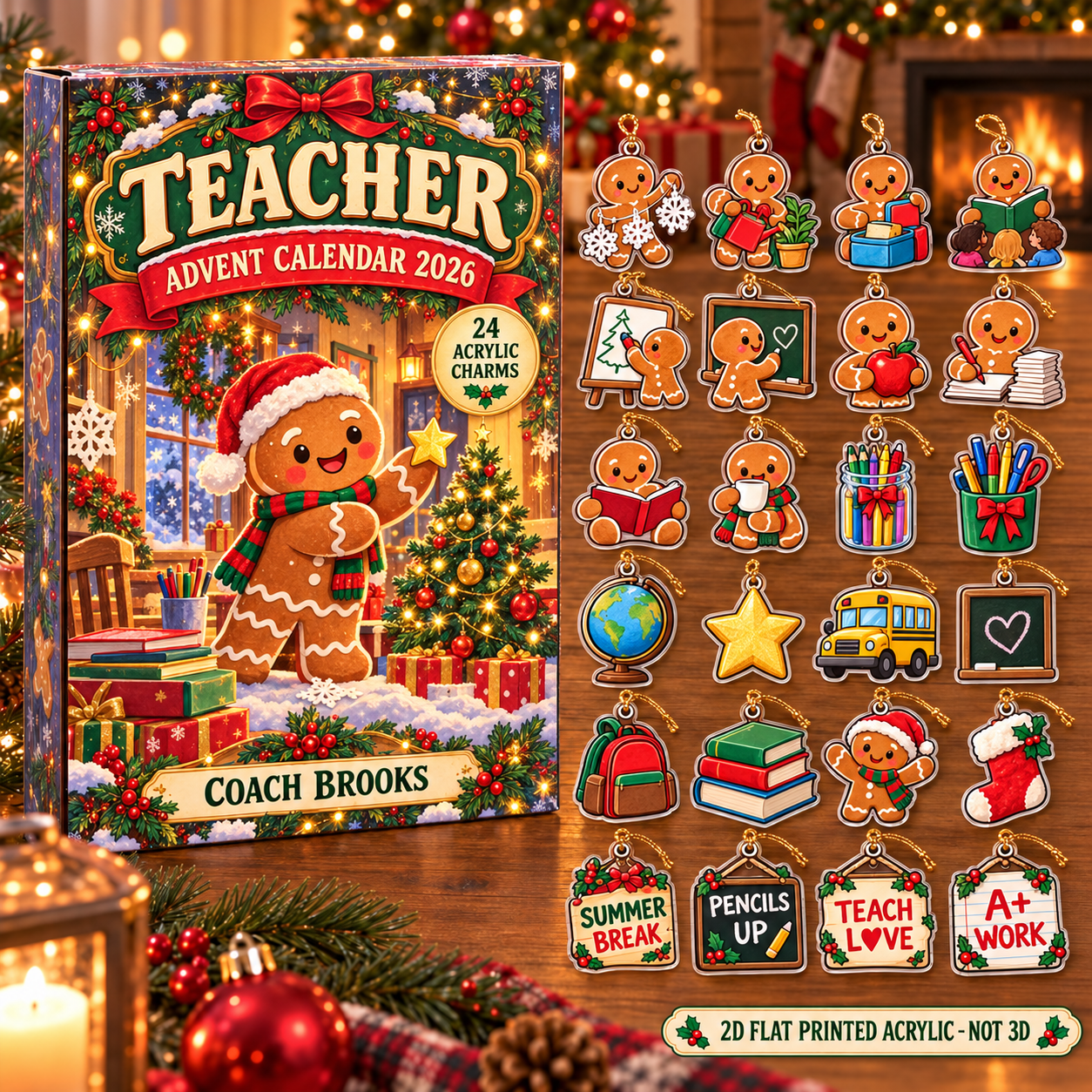 Personalized Teacher Gingerbread advent calendar box with 24 flat acrylic Christmas charms