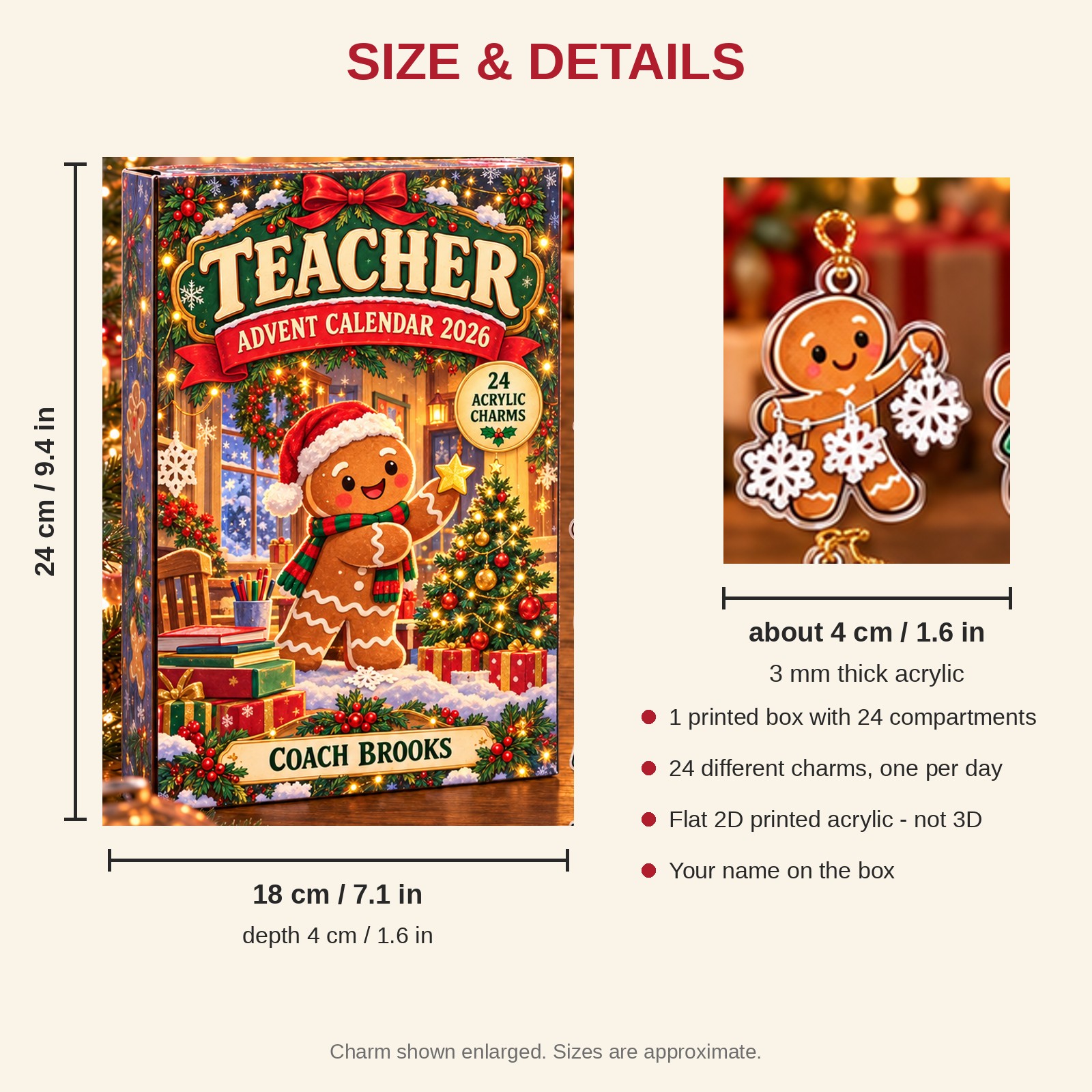Personalized Teacher Gingerbread advent calendar box with 24 flat acrylic Christmas charms: box and charm sizes