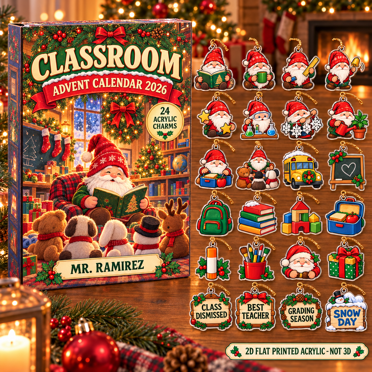 Personalized Teacher Gnome advent calendar box with 24 flat acrylic Christmas charms