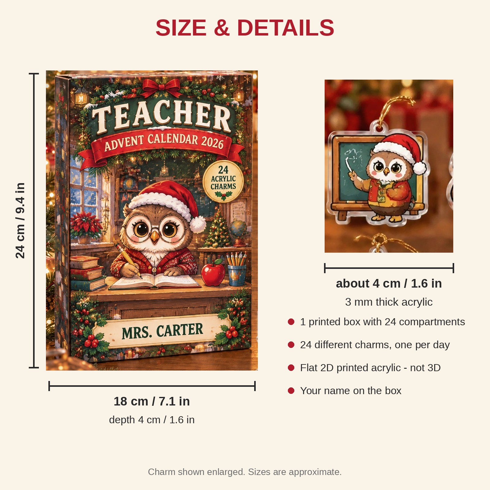 Personalized Teacher Owl advent calendar box with 24 flat acrylic Christmas charms: box and charm sizes