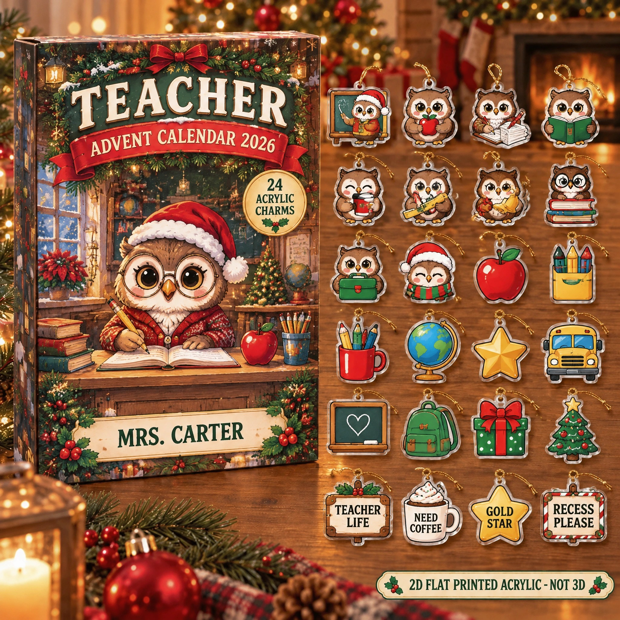 Personalized Teacher Owl advent calendar box with 24 flat acrylic Christmas charms